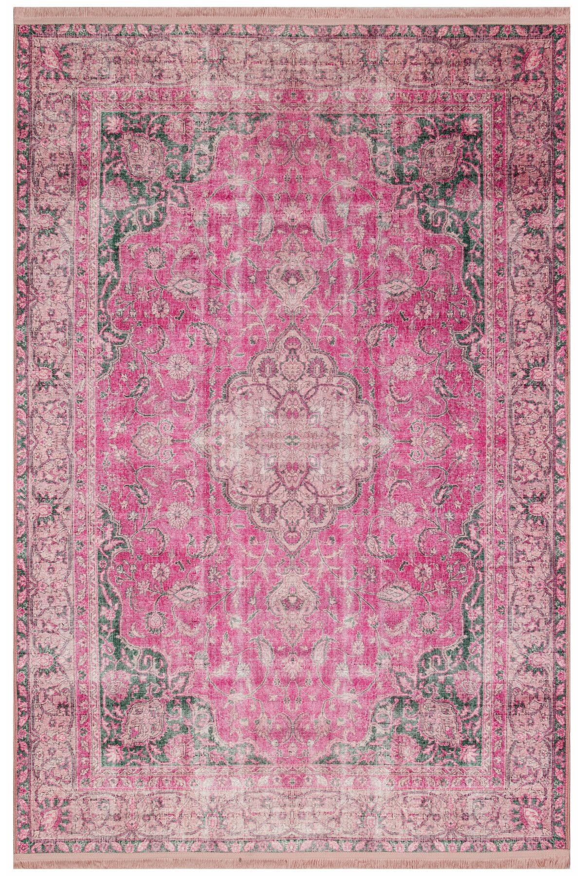 Pembe Vintage Çok Renkli Desenli Dekoratif Halı 1717