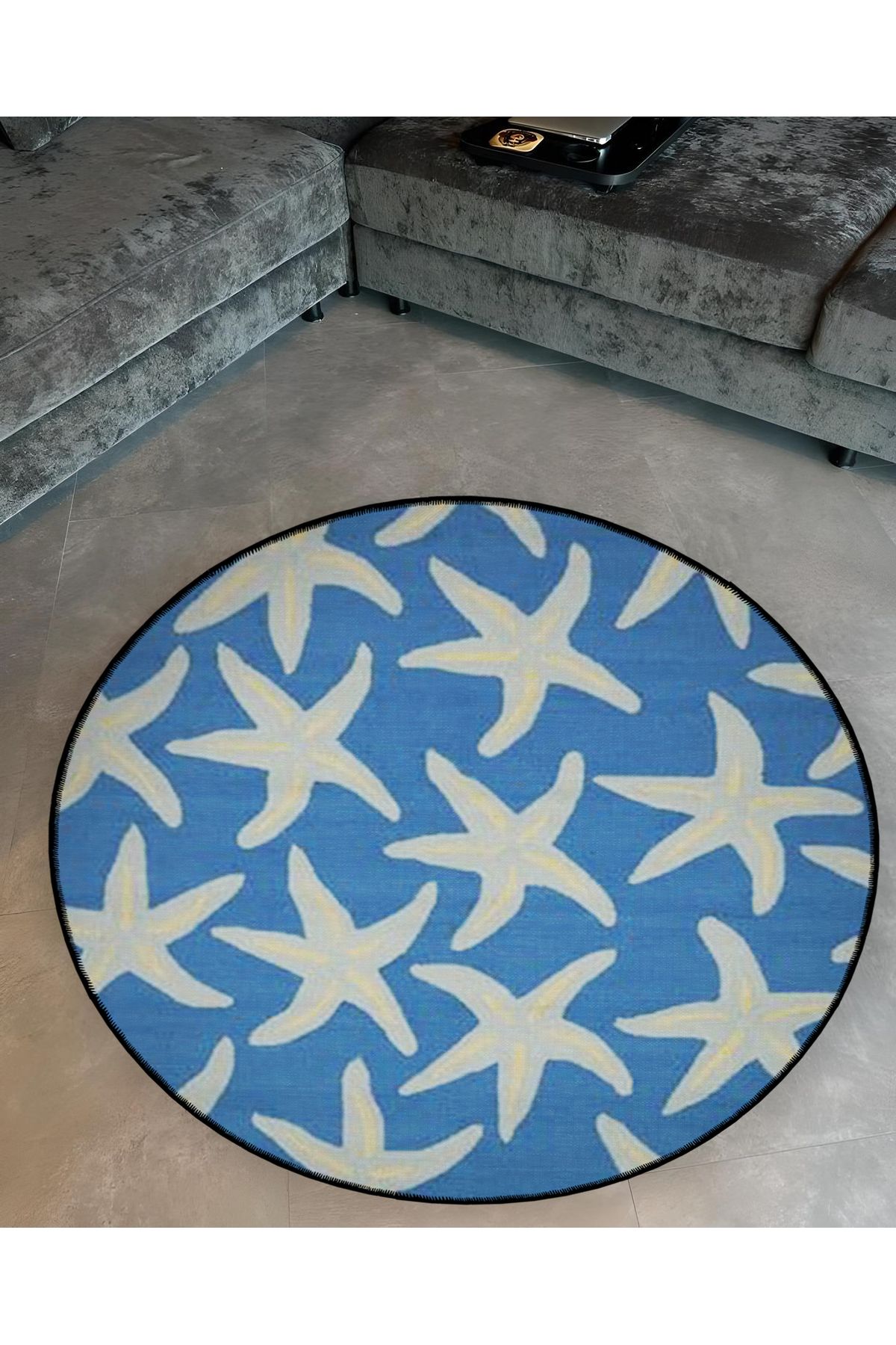 Mira Yuvarlak Mavi Deniz Yıldızı Detaylı Dokuma Taban Modern Dekoratif Halı 5545