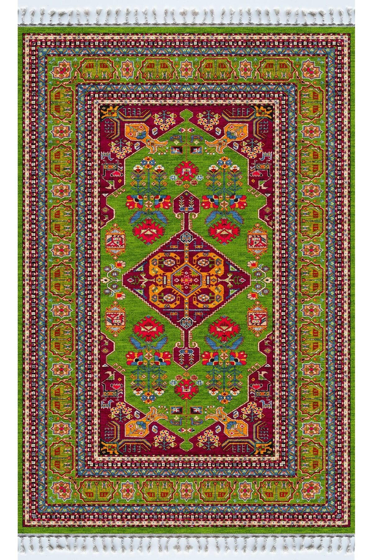 Opal Yeşil Antik Desenli Püskül Detaylı Dokuma Taban Modern Dekoratif Halı opal04