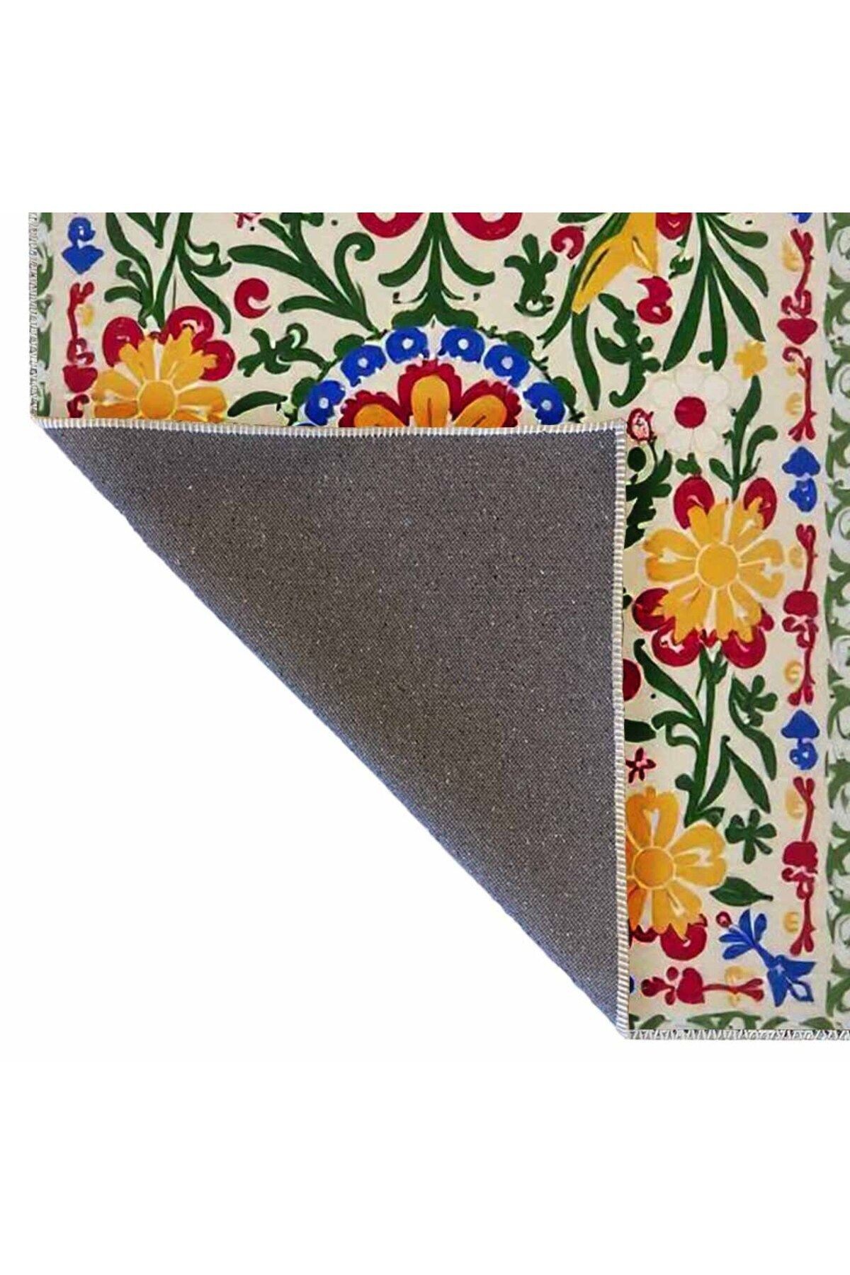Haryana Koleksiyonu Çok Renkli Çiçekler Desenli Dokuma Taban Vintage Dekoratif Halı 16