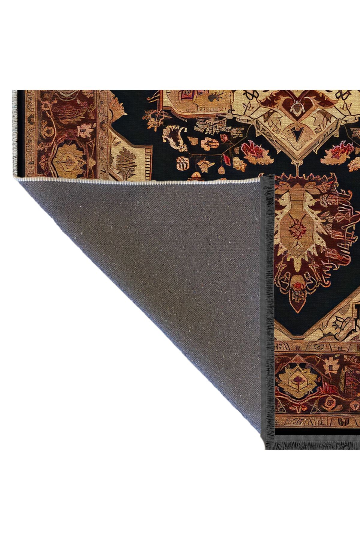 Siyah Bej Temalı Geleneksel Motif Etnik Çiçek Desenli Kreatif Vintage Dekoratif Halı 2420