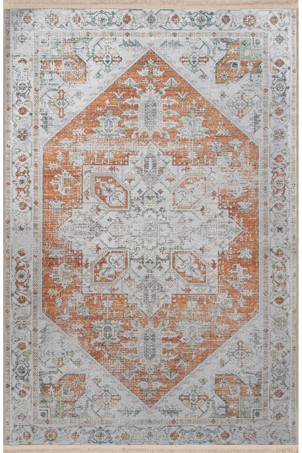 Turuncu Bej Temalı Geleneksel Motif Etnik Desenli Vintage Dekoratif Halı 2776