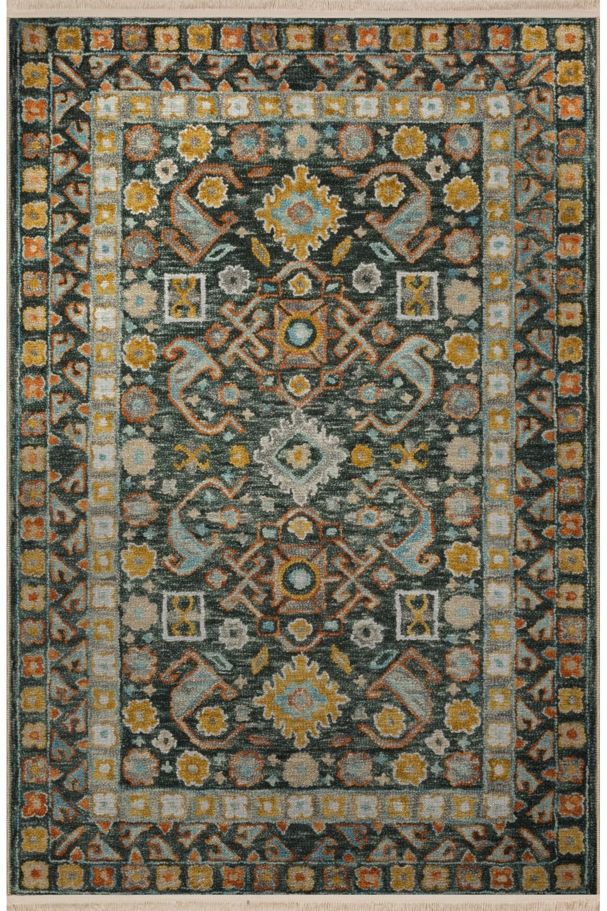 Sarı Yeşil Temalı Çok Renkli Geleneksel Motif Çiçek Desenli Vintage Dekoratif Halı 2901