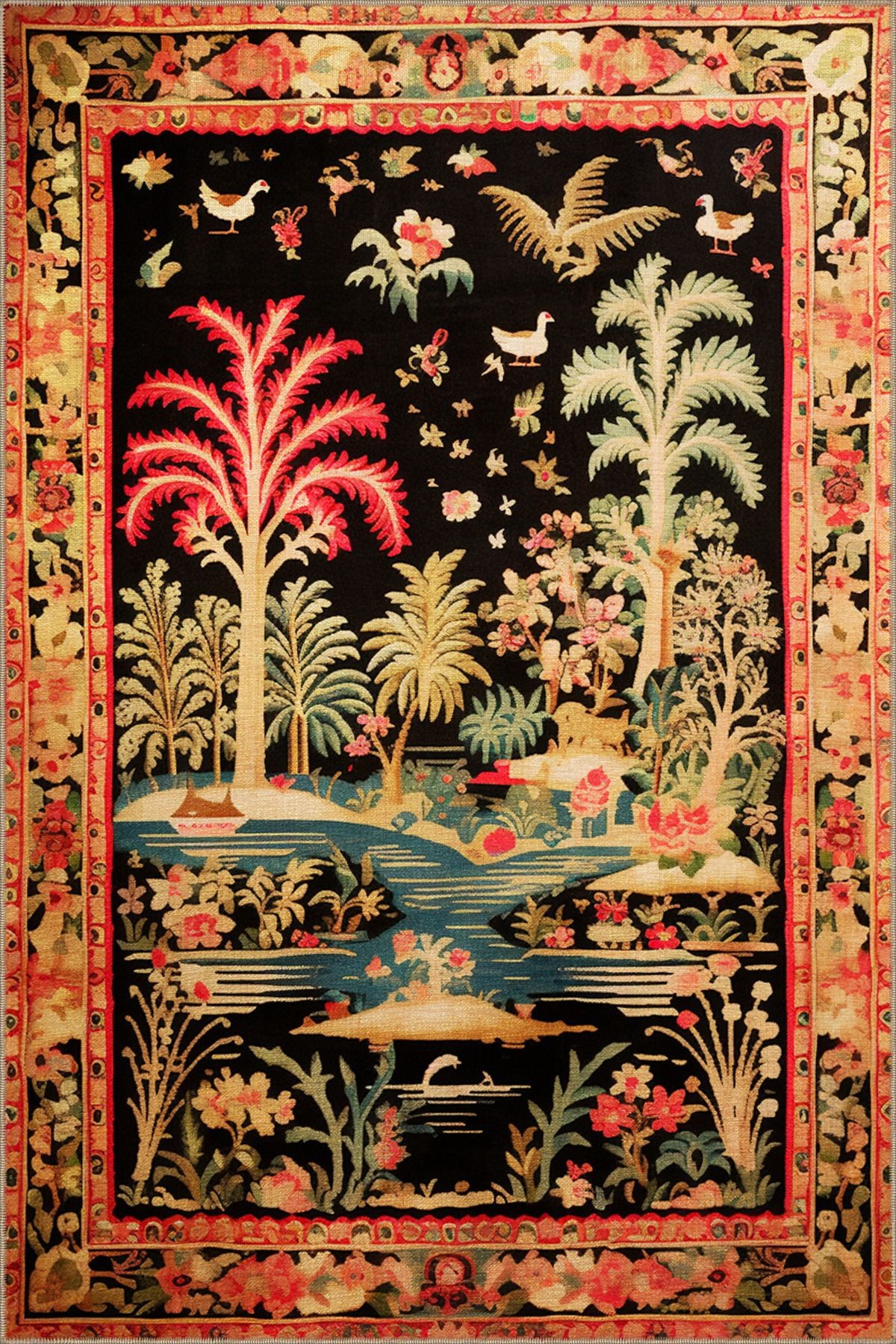 Dido 2 Koleksiyonu Goblen Tasarım Çok Renkli Çiçek Ve Kuş Desenli Vintage Dekoratif Halı 3254