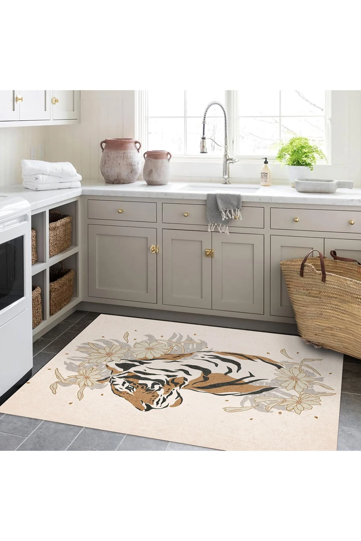 Kuzey Koleksiyonu Bej Tonlarda Kaplan Detaylı Dokuma Taban Modern Dekoratif Halı kuzey19