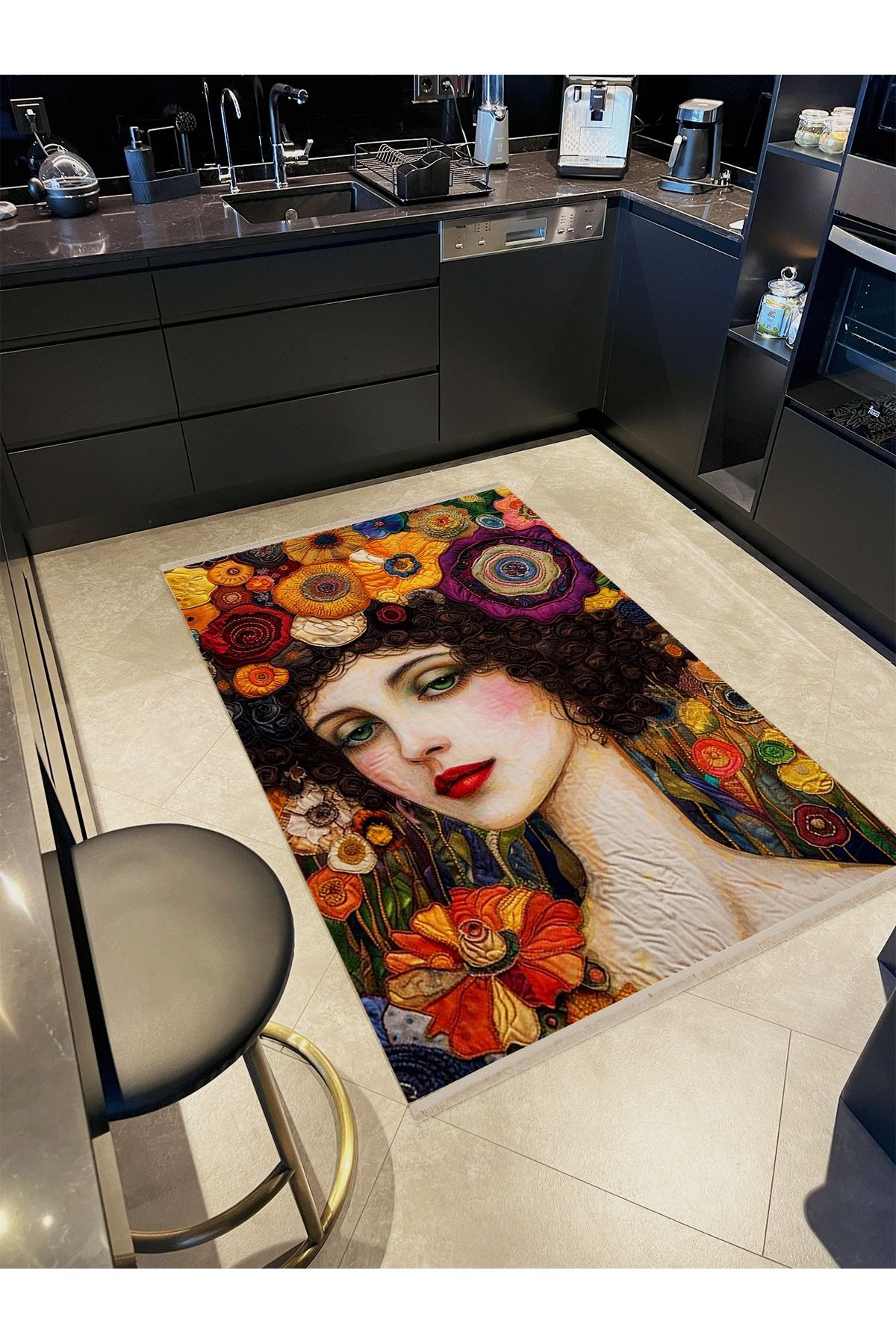 Özge Koleksiyonu Çiçek Saçlı Kadın Desenli Dokuma Taban Modern Dekoratif Halı özge48