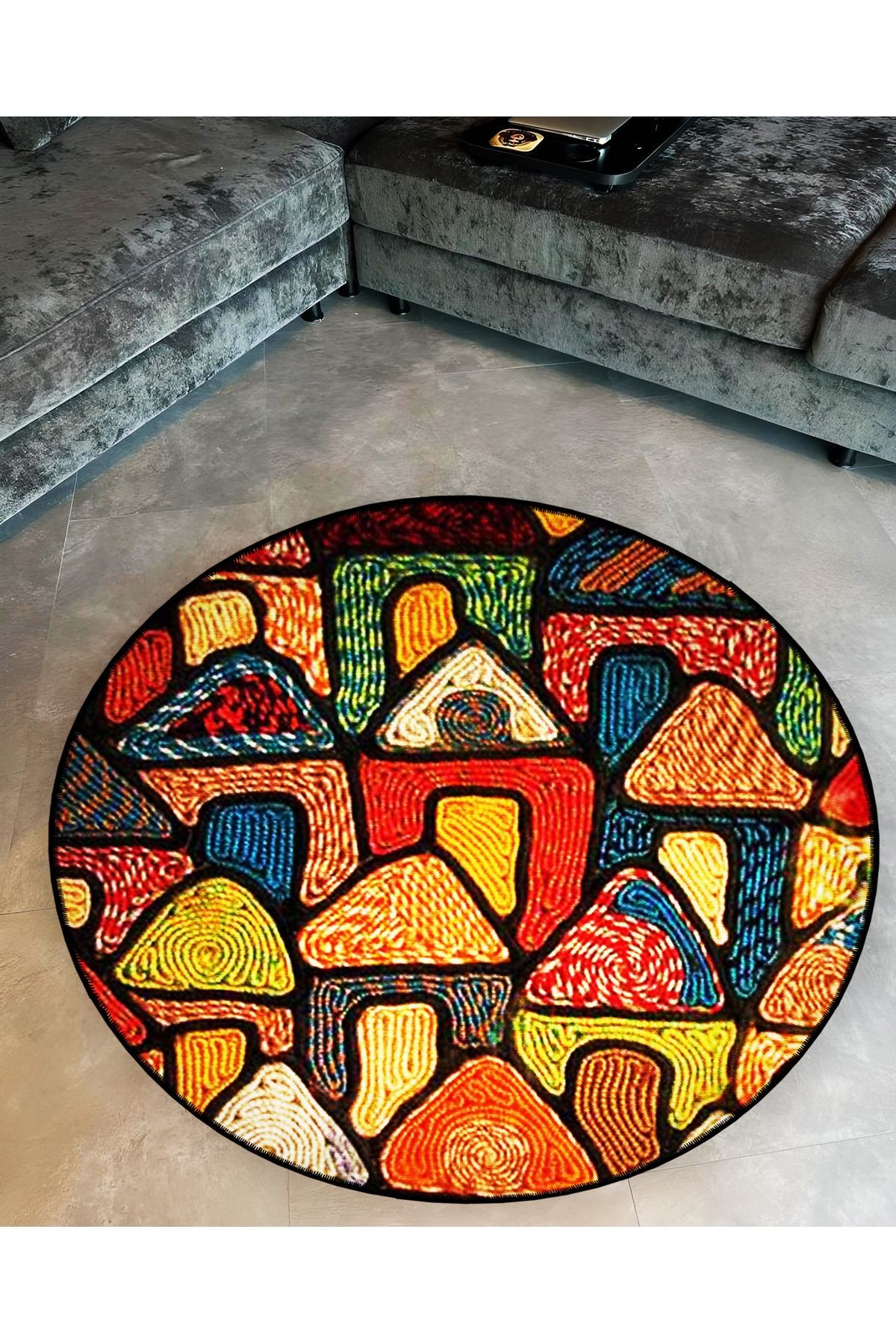 Çok Renkli Geometrik Şekilli Evler Desenli Yuvarlak Dokuma Taban Modern Dekoratif Halı 6187