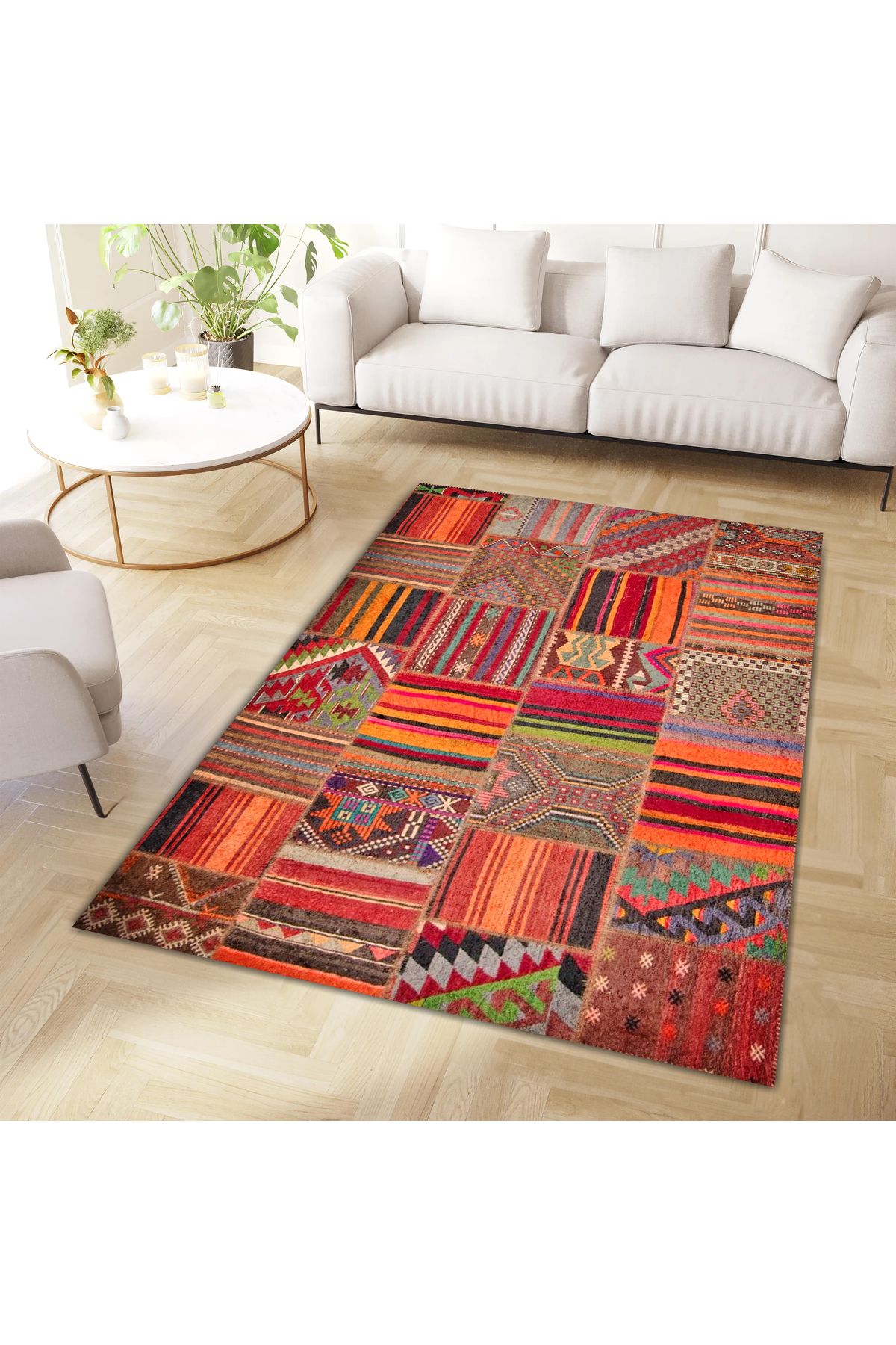 Cansu Koleksiyonu Patchwork Görünümlü Turuncu Tonlarda Dokuma Taban Modern Dekoratif Halı cansu04