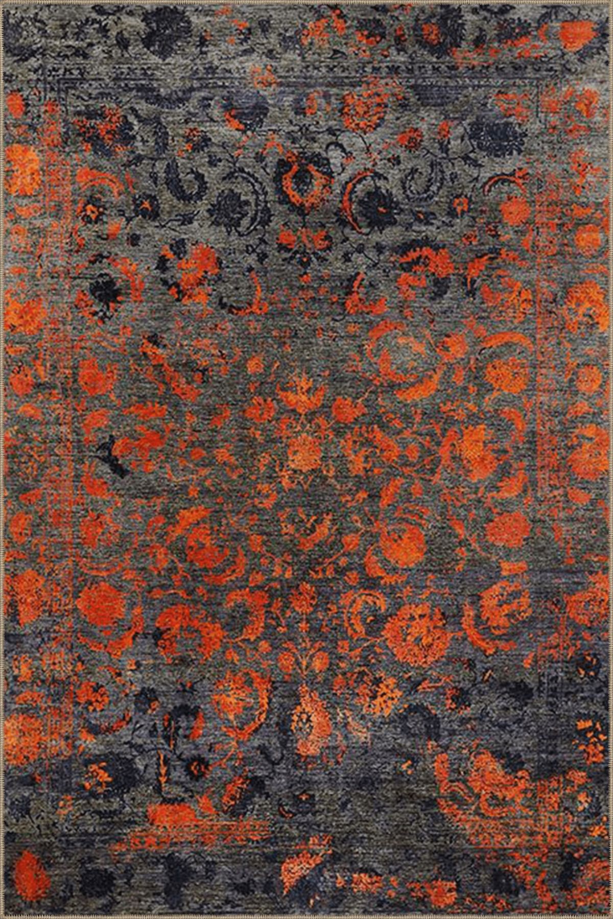Gri Turuncu Temalı Geleneksel Motif Desenli Vintage Dekoratif Halı 4875