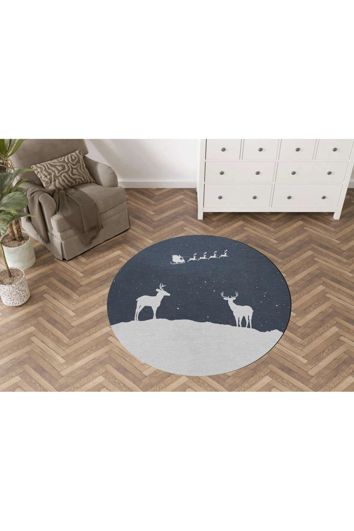Mavi Yılbaşı Temalı Sürrealist Ay Geyik Desenli Modern Dokuma Taban Yuvarlak Dekoratif Halı 2248