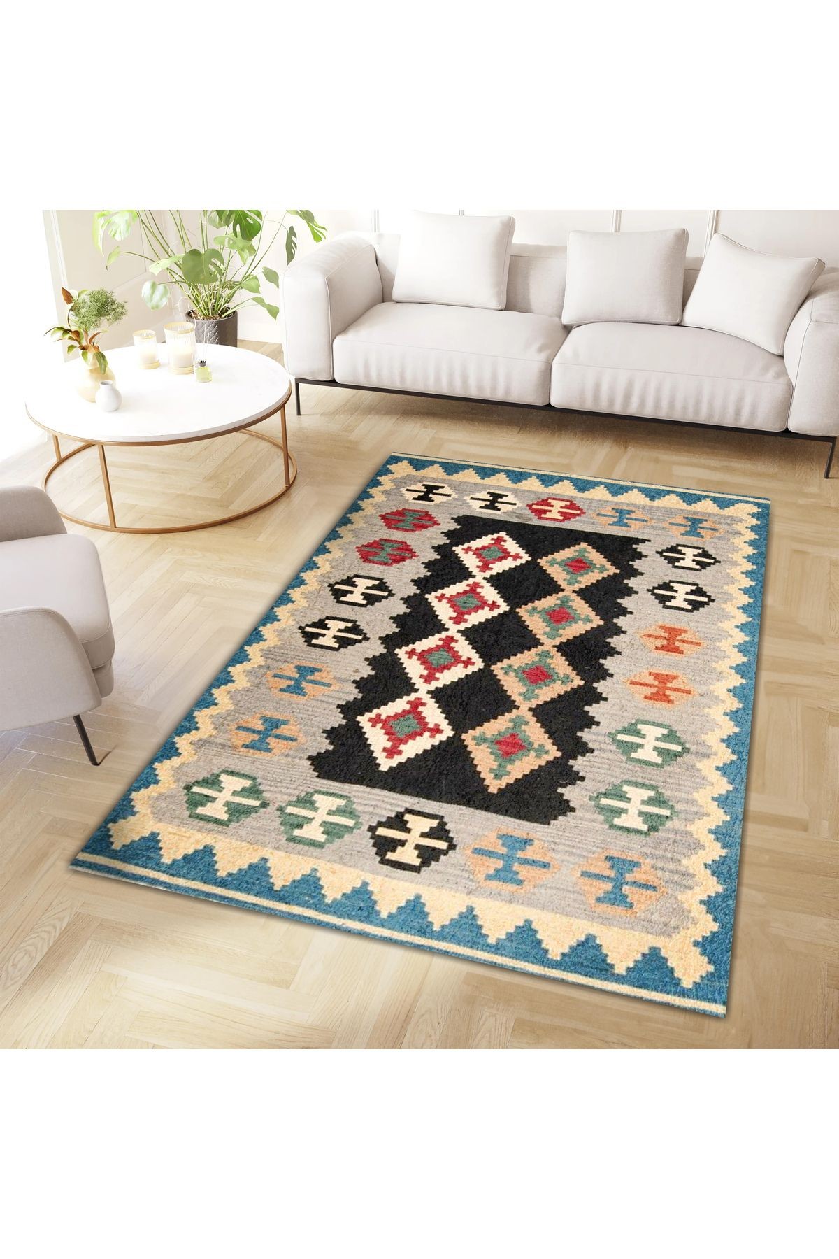 Aysu Koleksiyonu Mavi Bej Etnik Desenli Dokuma Taban Modern Dekoratif Halı aysu32