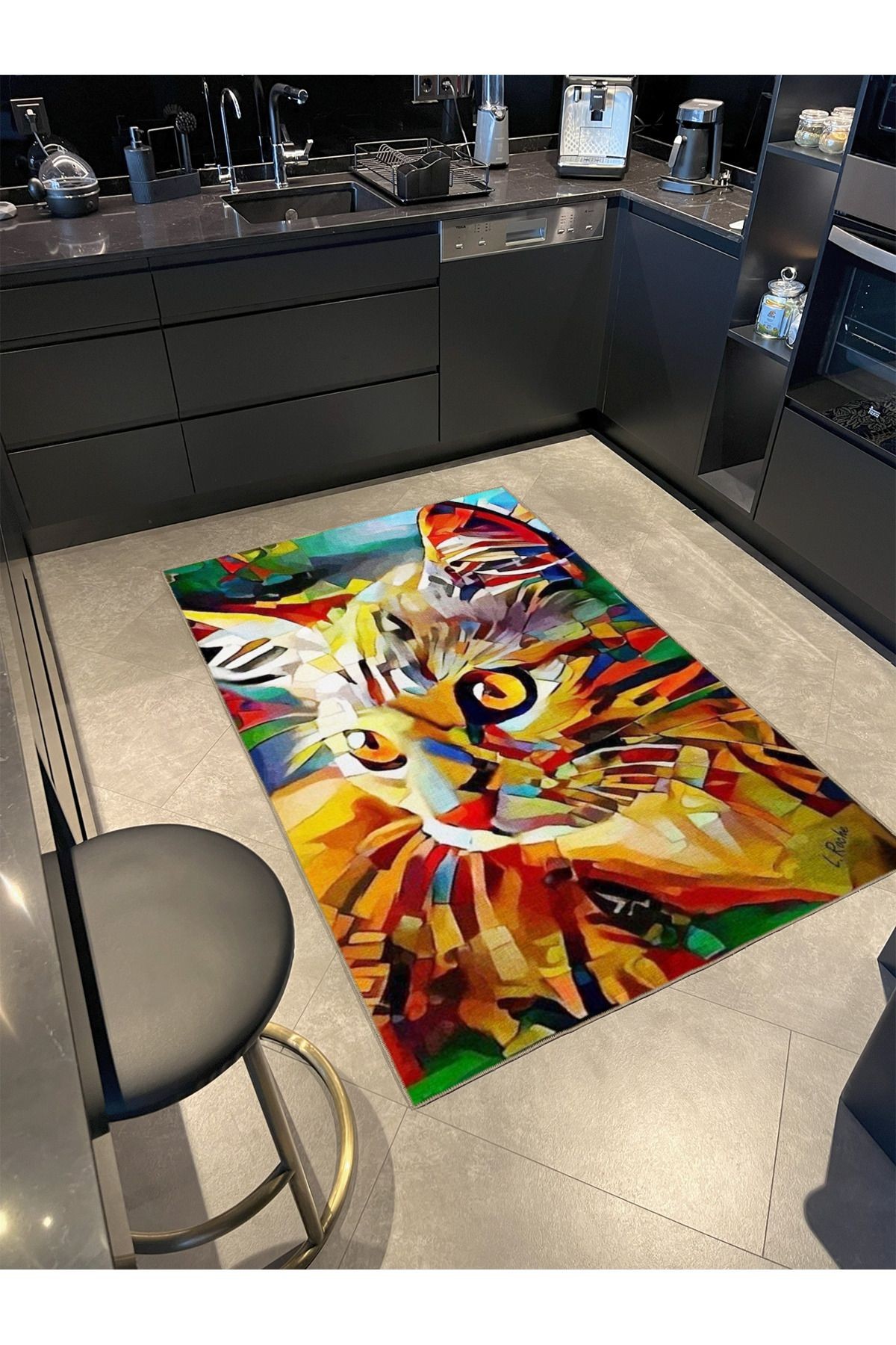 Çok Renkli Sürrealist Tasarım Soyut Kedi Desenli Modern Dekoratif Halı 3470
