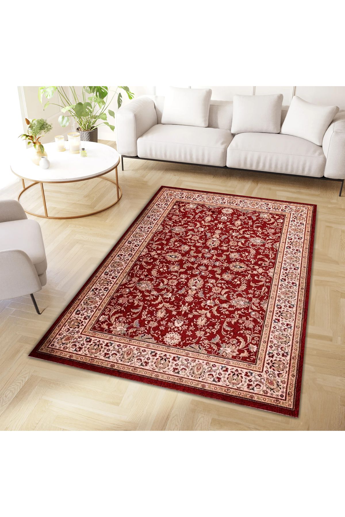 Kuzey Koleksiyonu Bej Bordür Detaylı Bordo Etnik Desenli Dokuma Taban Dekoratif Halı kuzey35