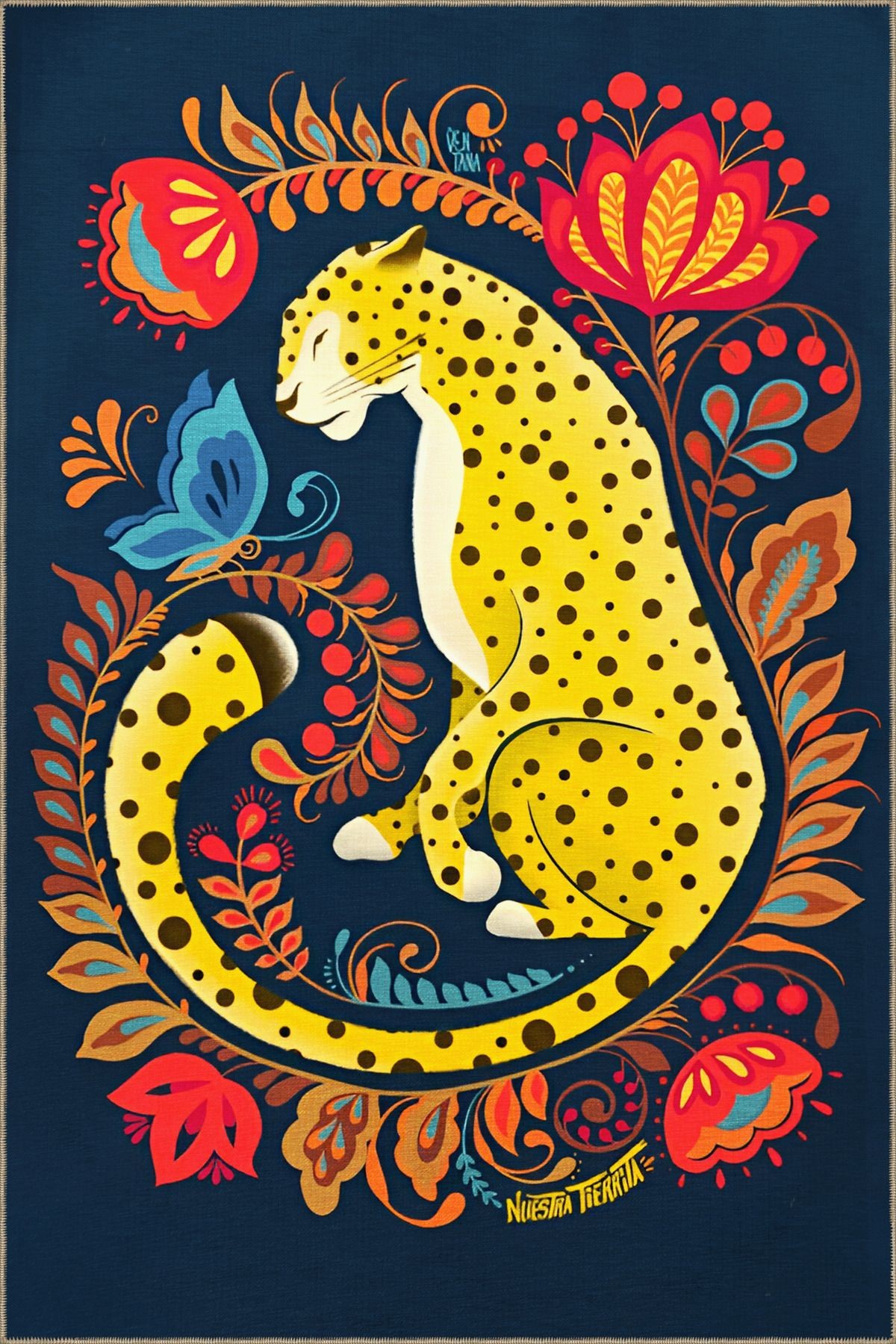 Lacivert Temalı Sürrealist Leopar ve Çiçek Desenli Kreatif Modern Dekoratif Halı 2010