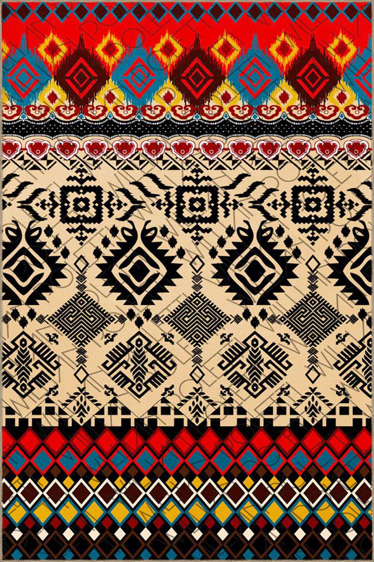 Çok Renkli Motifli Etnik Figür Desenli Vintage Dekoratif Halı 4717