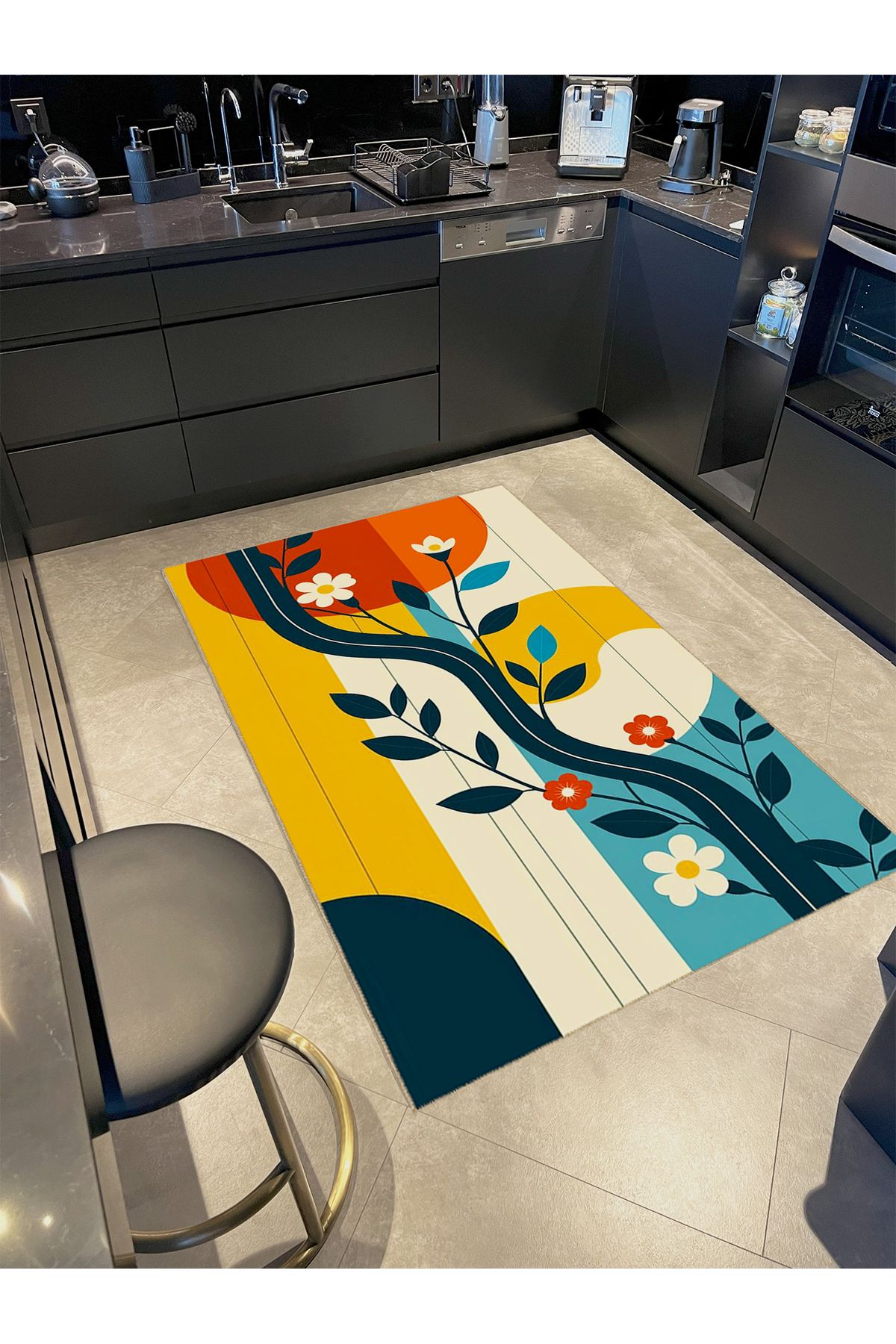 Güneş Koleksiyonu Çok Renkli Soyut Şekiller ve Çiçekler  Desenli Dokuma Taban Dekoratif Halı güneş49