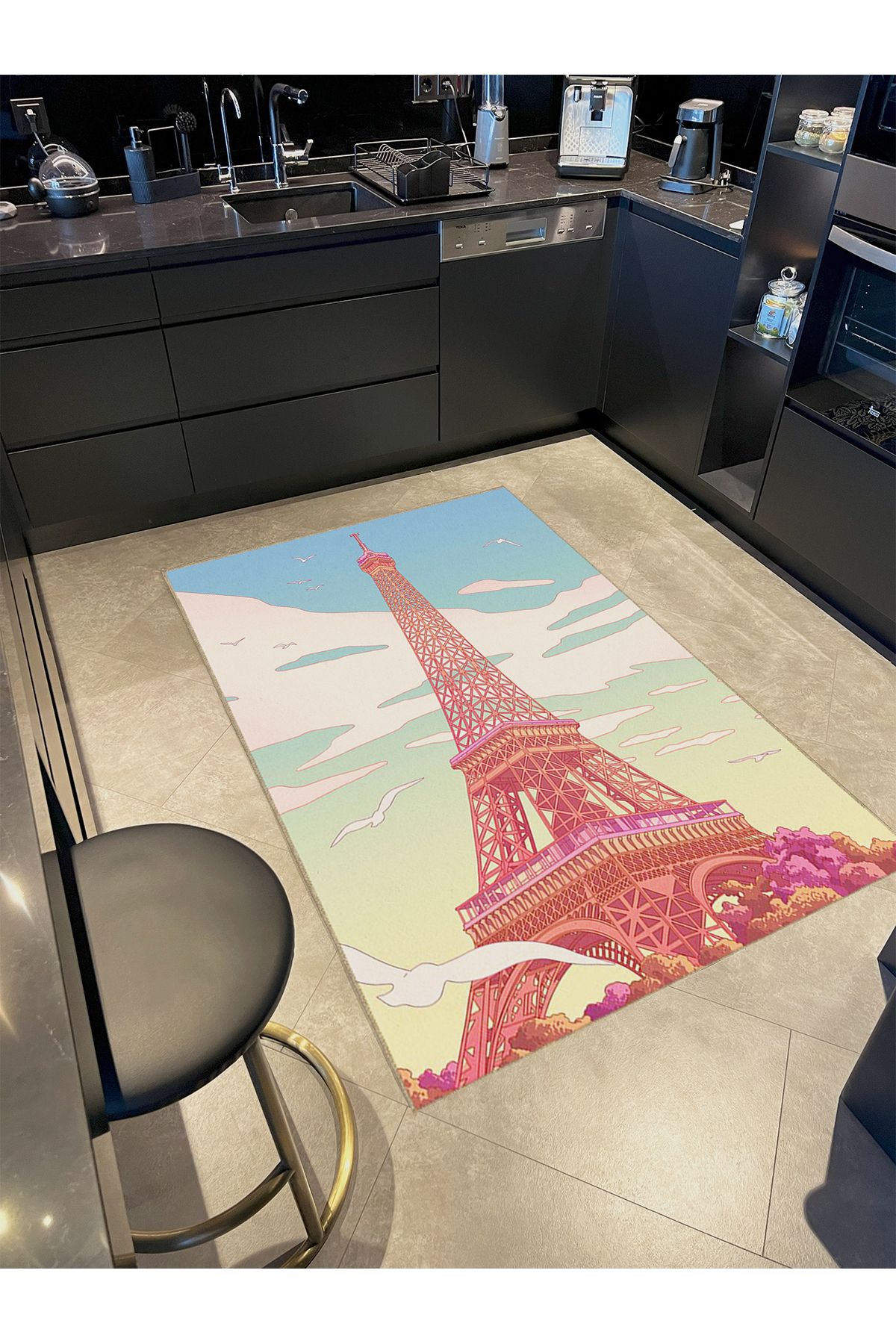 Buse Koleksiyonu Çok Renkli Pastel Tonlarda Eyfel Desenli Dokuma Taban Modern Dekoratif Halı buse26