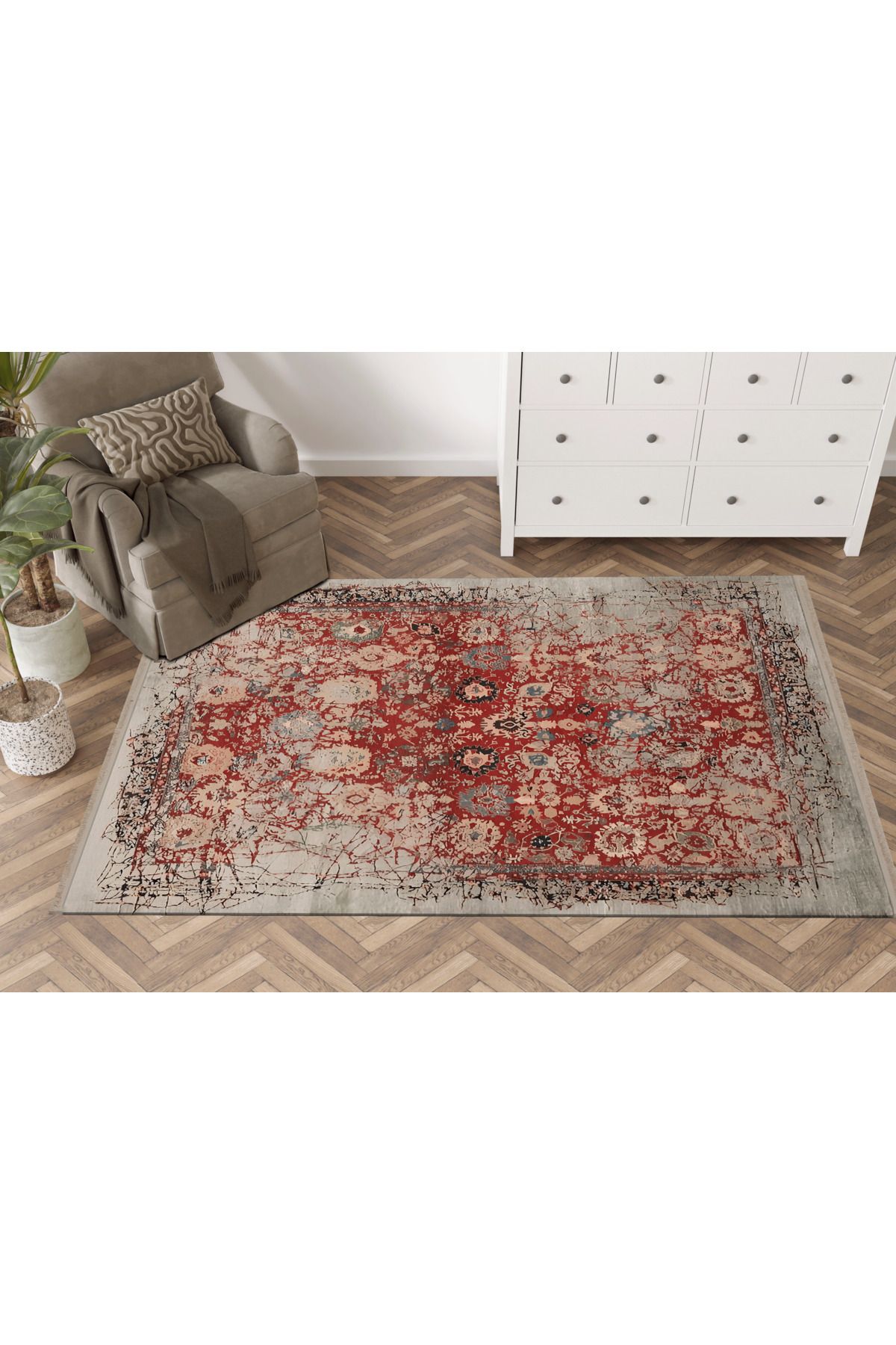 Bordo Temalı Geleneksel Motif Soyut Desen Vintage Dekoratif Halı 1658