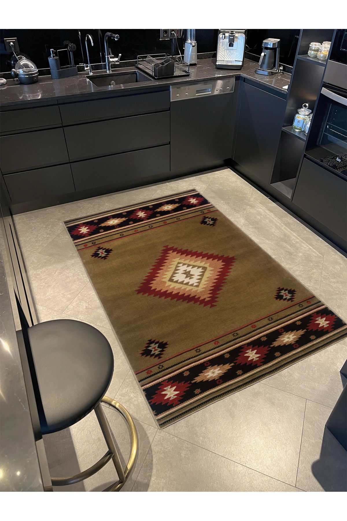 Kahverengi Temalı Hasır Tasarım Geometrik Desenli Vintage Dekoratif Halı 3407