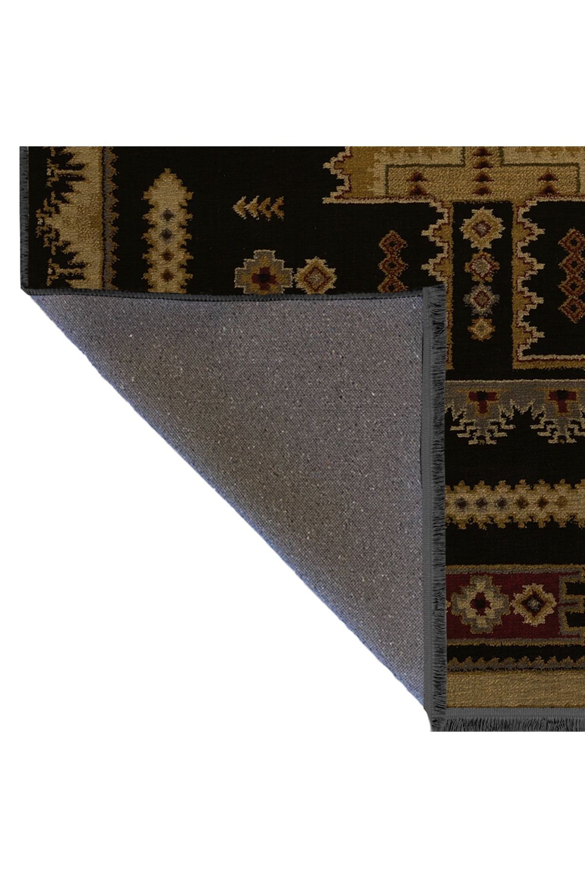 Bej Siyah Temalı Geleneksel Motif Etnik Desenli Saçaklı Vintage Dekoratif Halı 3075
