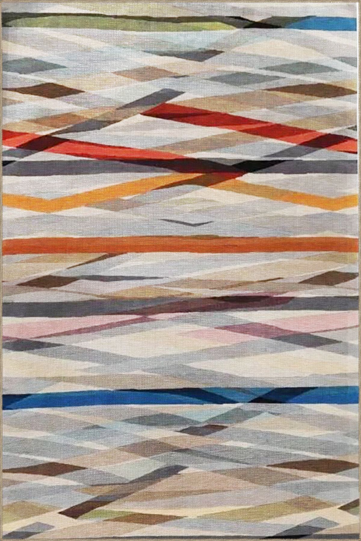 Gri ve Karışık Renkli Tonlarında Çapraz Çizgili Desenli Dekoratif Halı 4081