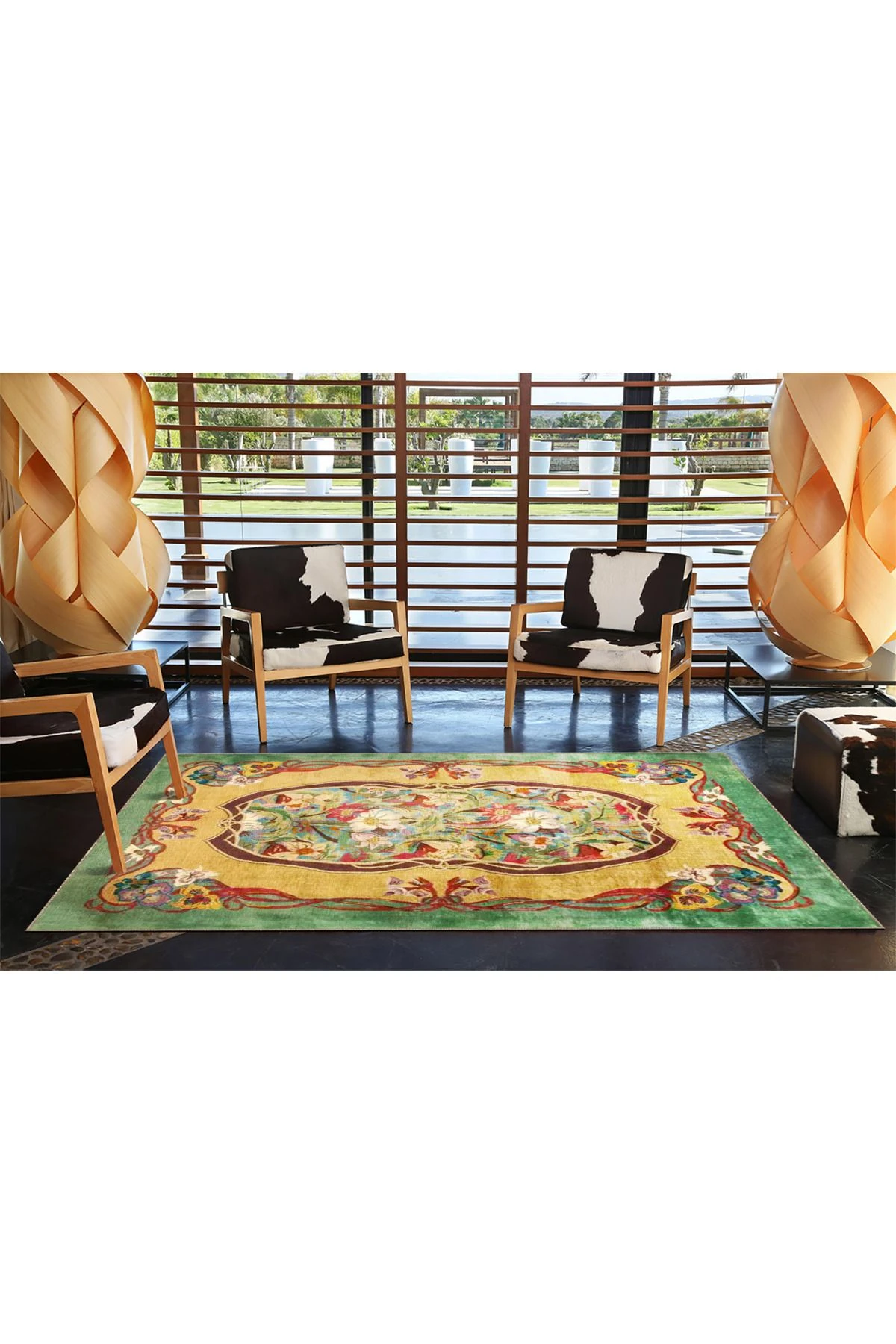 Yeşil Sarı Temalı Floral Çiçek Desenli Vintage Dekoratif Halı 3821