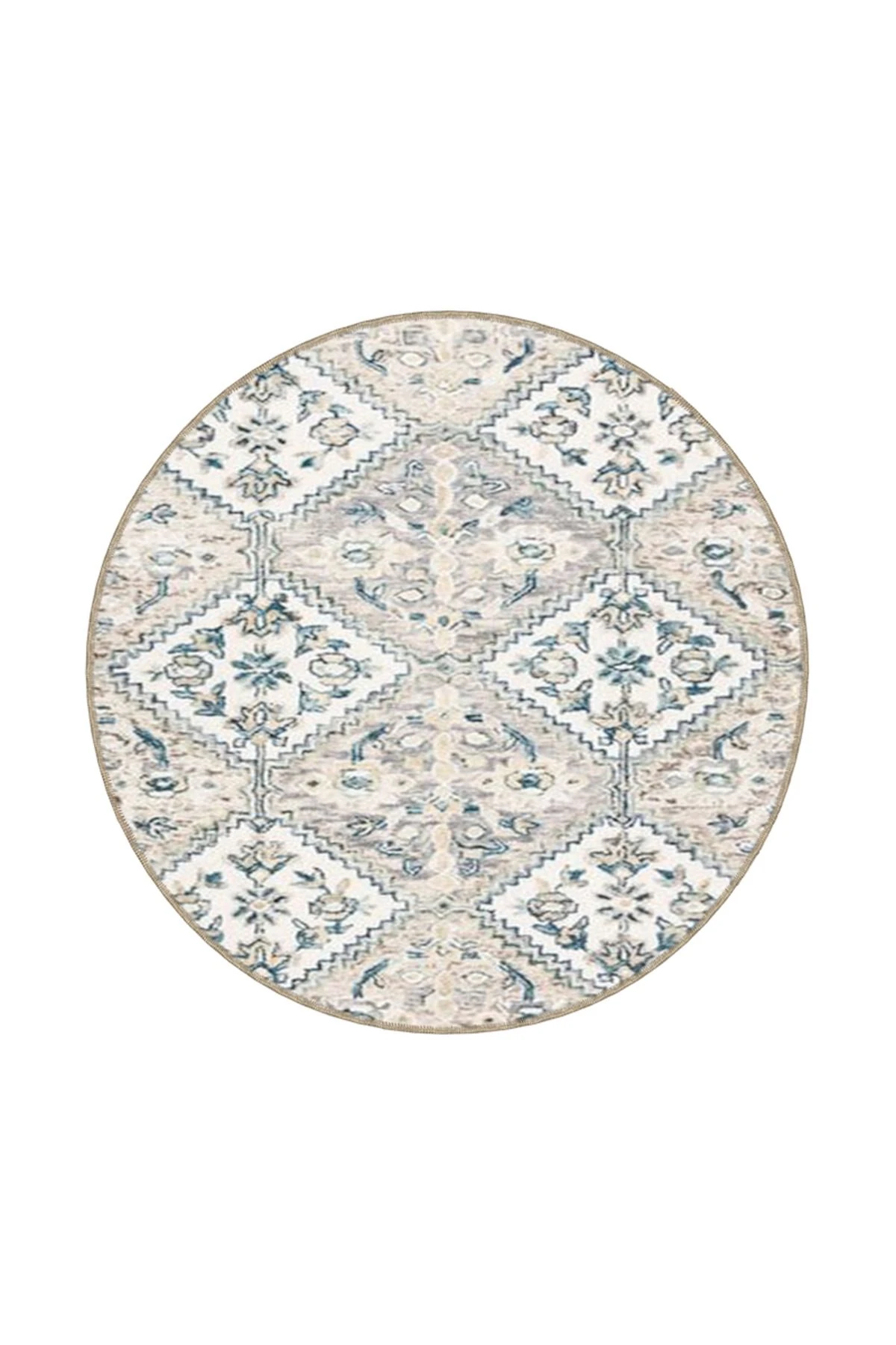 Krem Geometrik Baklavalı Çiçekli Dokuma Taban Yıkanabilir Halı miravip8919