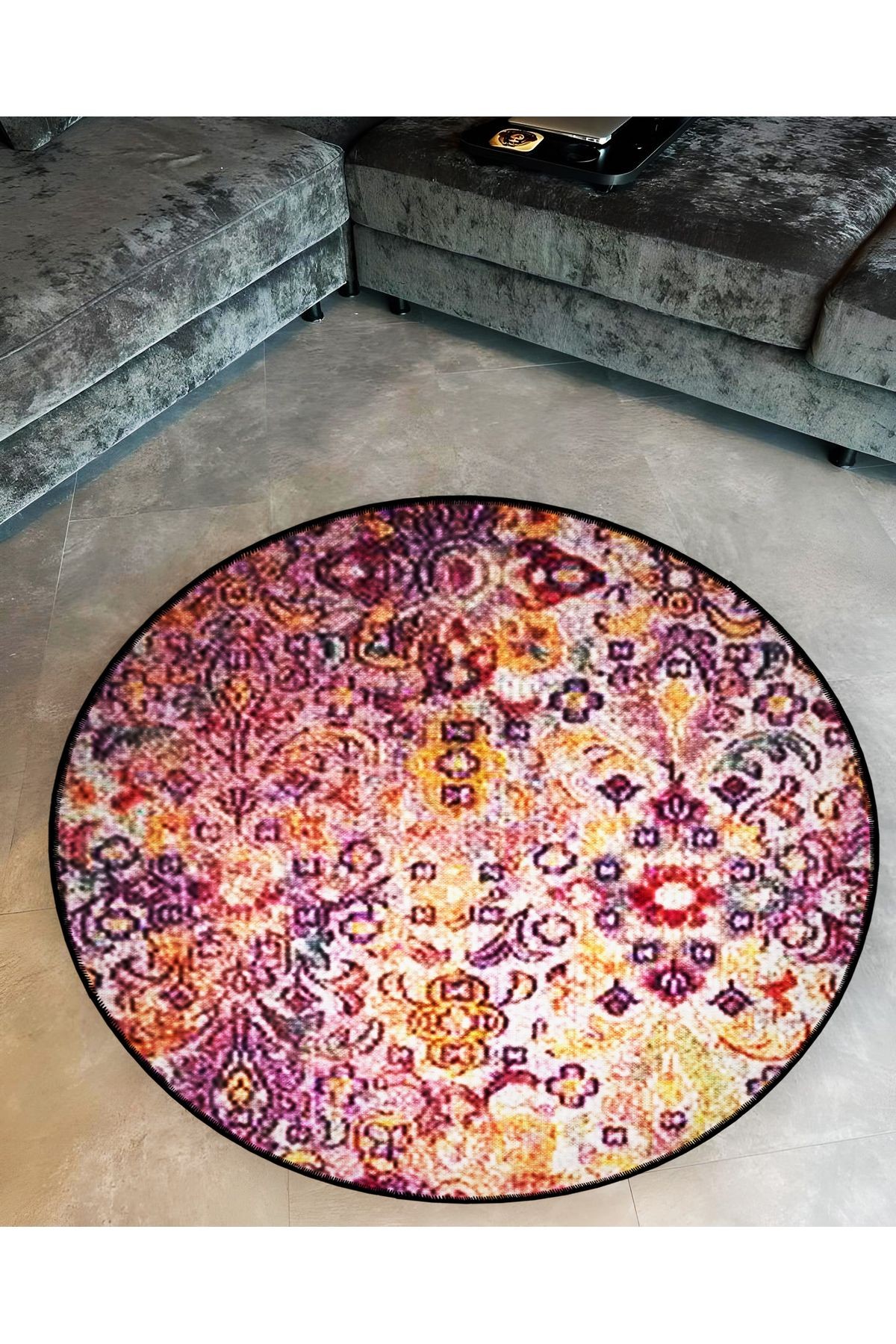 Çok Renkli Etnik Motif  Desenli Yuvarlak Dokuma Taban Vintage Dekoratif Halı 6156