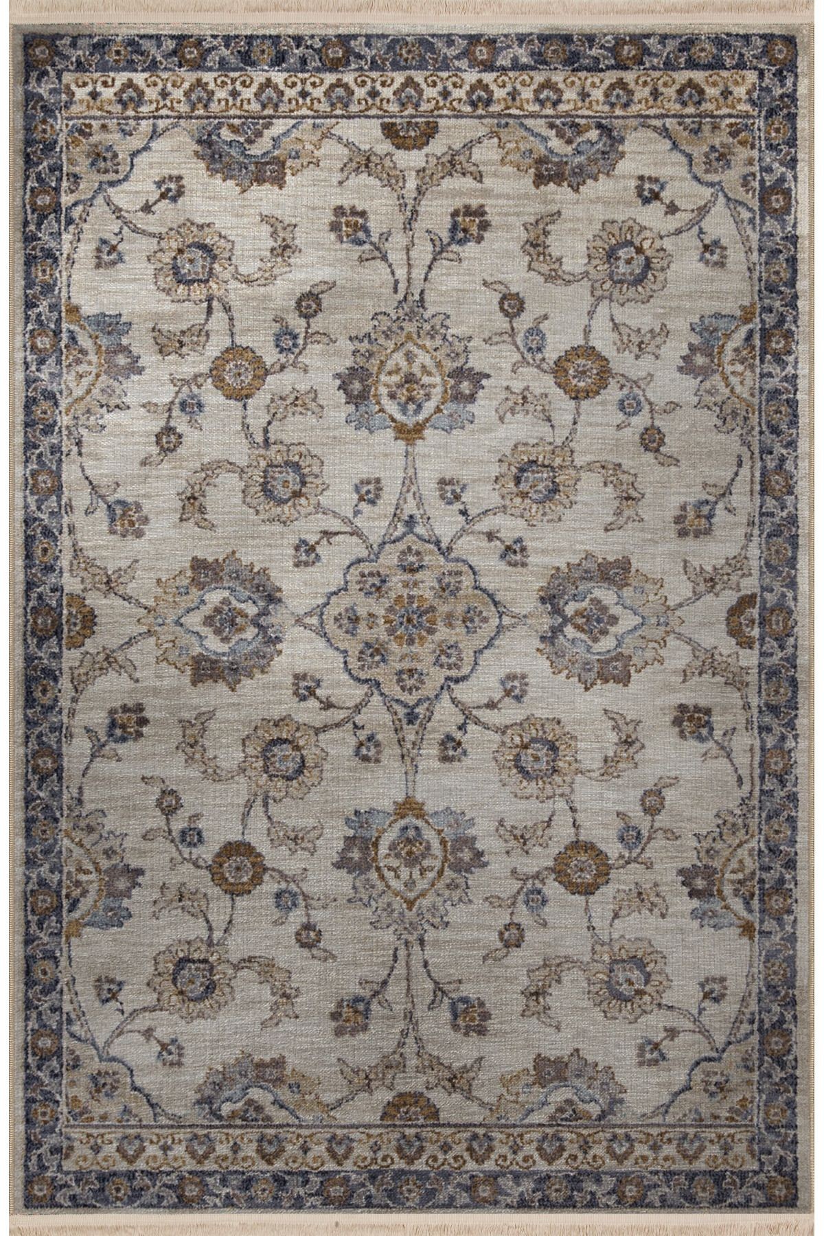 Bej Gri Temalı Geleneksel Motif Çiçek Desenli Saçaklı Vintage Dekoratif Halı 3096
