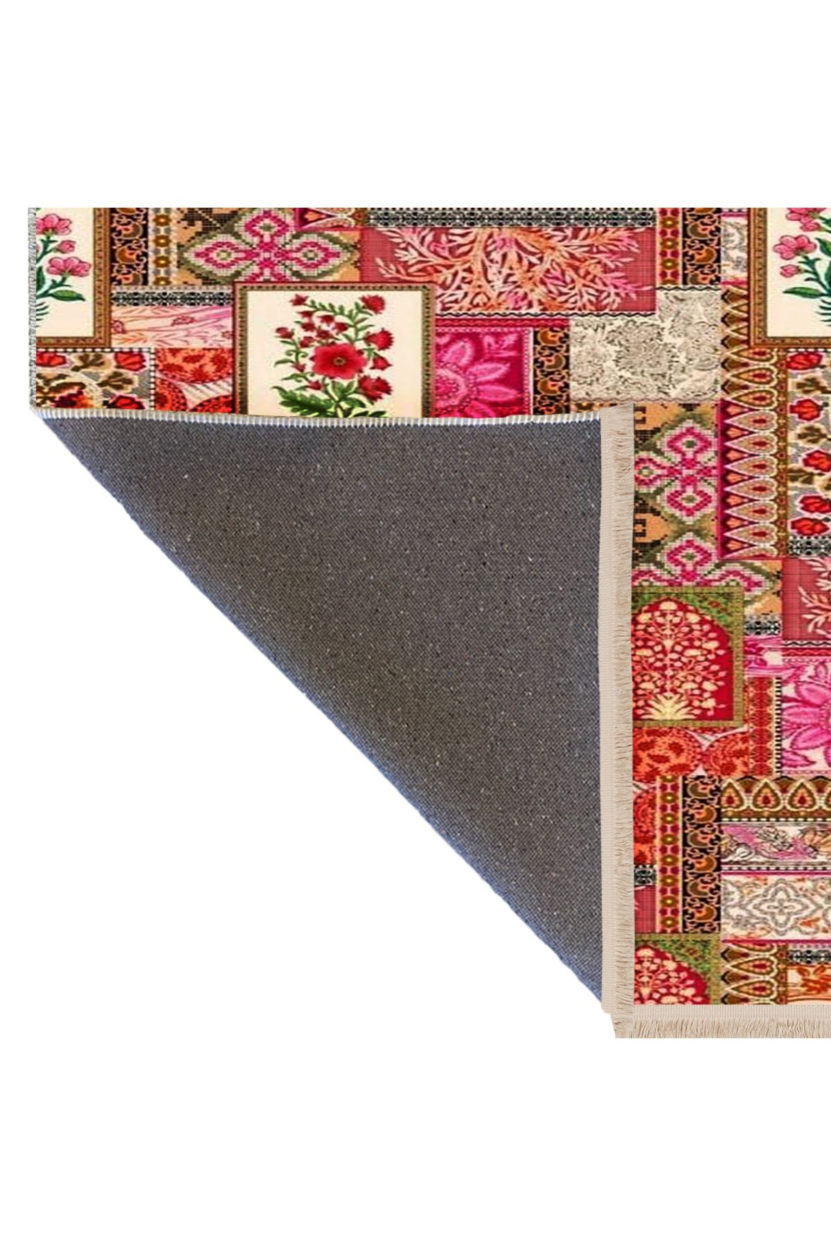 Kuvars Koleksiyonu Pembe Tema Çok Renkli Vintage Desenli Dokuma Taban Etnik Dekoratif Halı kuvars21