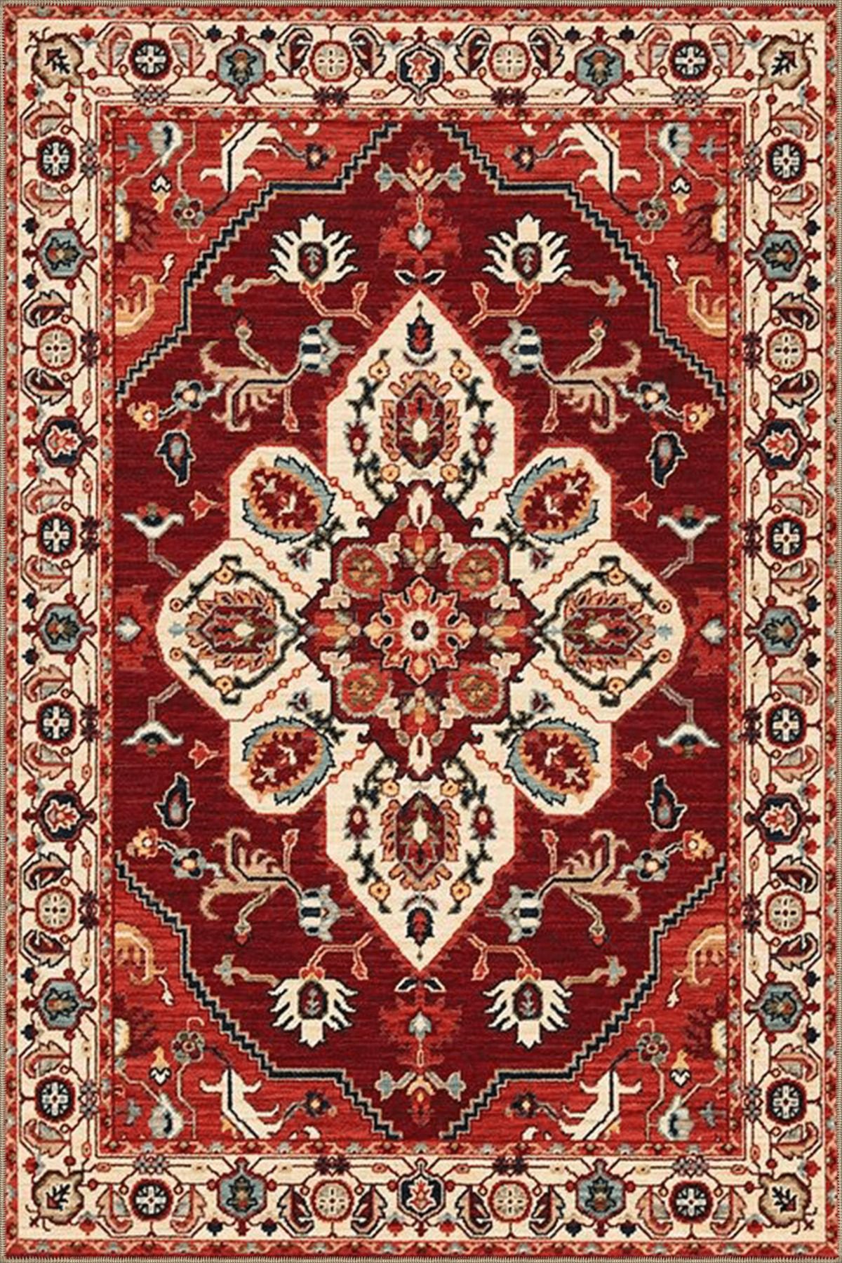 Kırmızı Temalı Geleneksel Motif Çiçek Desenli Vintage Dekoratif Halı 4578