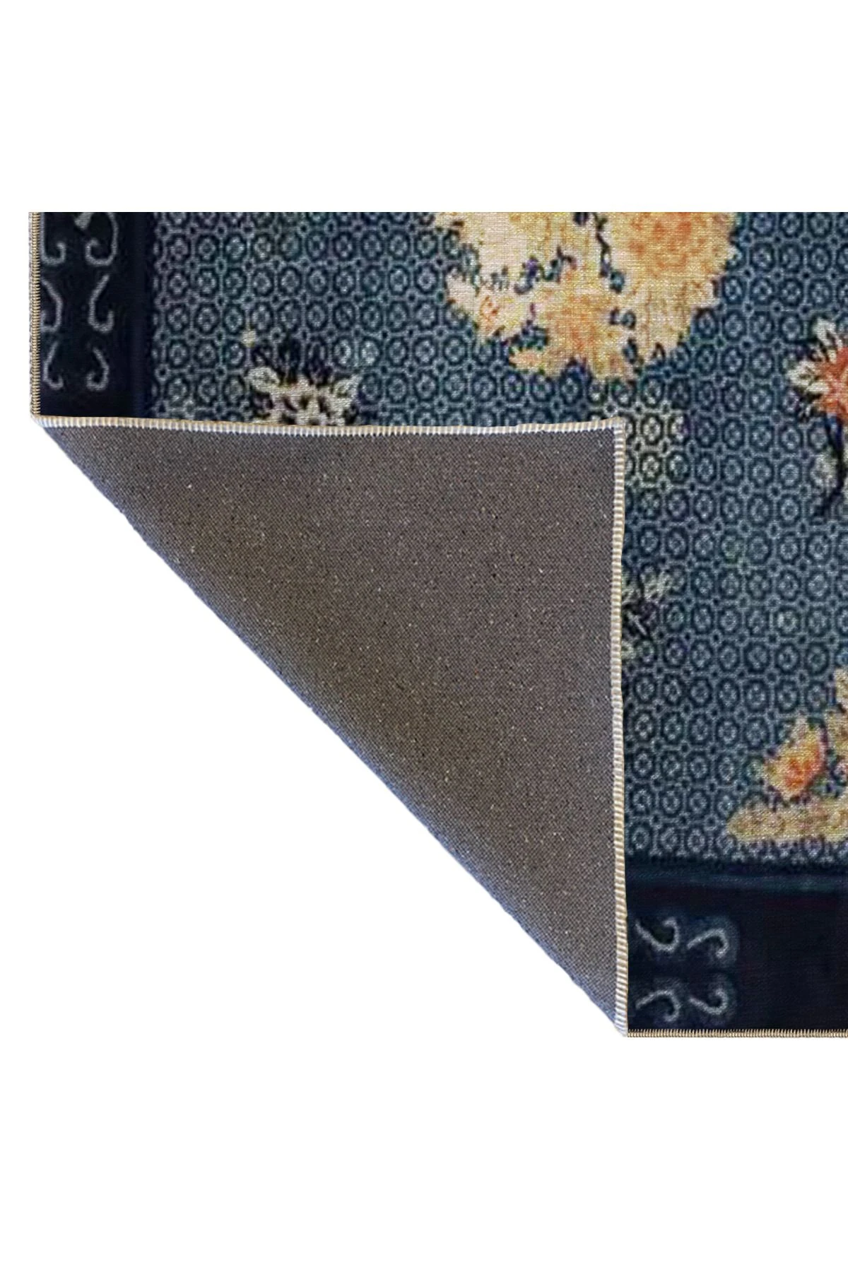 Lacivert Temalı Motifli Etnik Çiçek Desenli Vintage Dekoratif Halı 3489