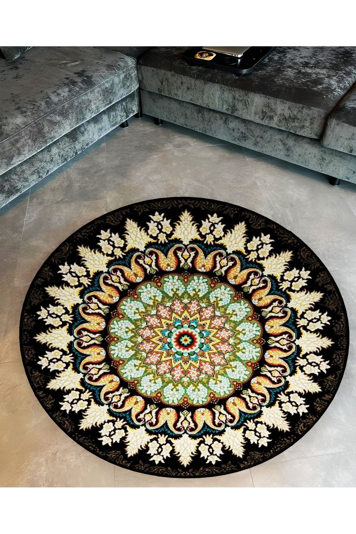 Mira Yuvarlak Siyah Yeşil Antik Desen Detaylı Dokuma Taban Modern Dekoratif Halı 5672
