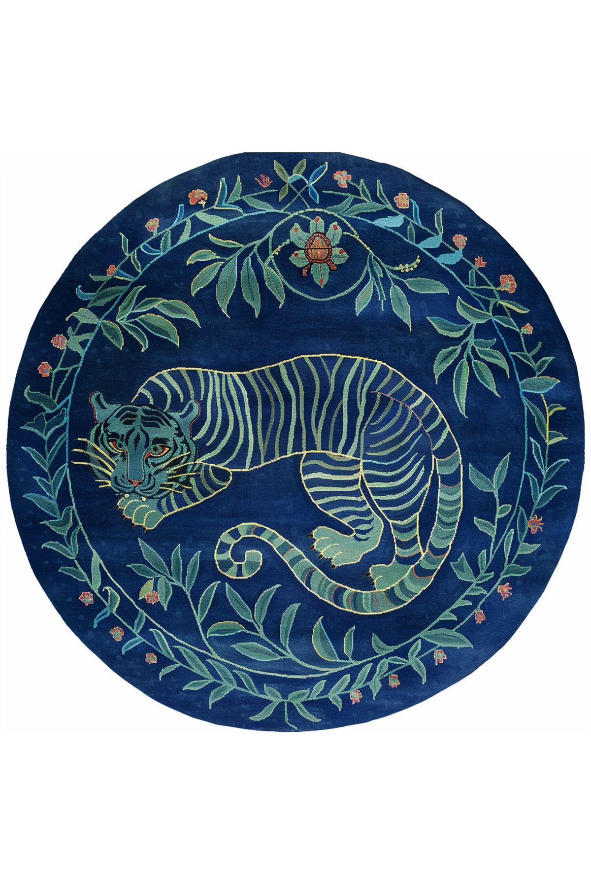 Fiorella 7003 Lacivert Yeşil Kaplan Figürlü Yuvarlak Baskılı Halı
