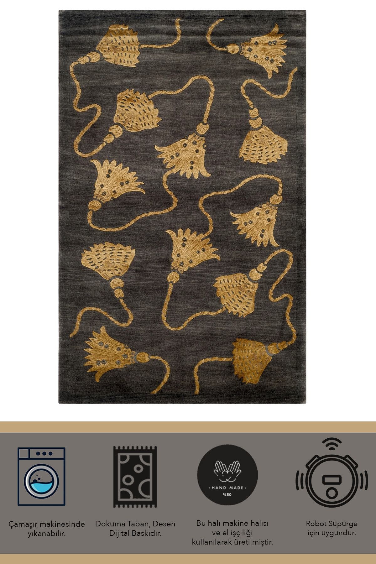 Mira 1229 Antrasit Püskül Desenli Baskılı Dokuma Taban Halı