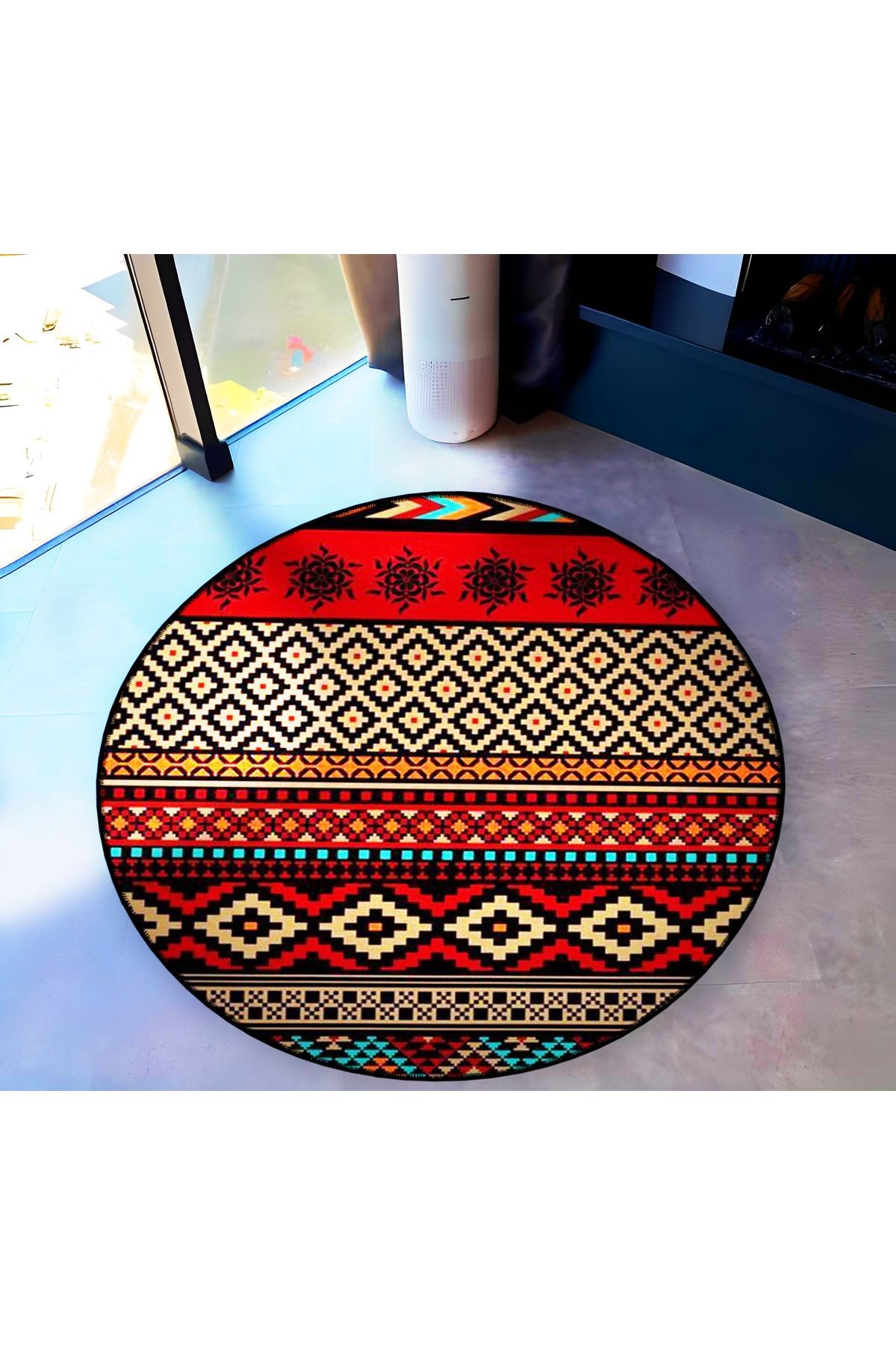 Mira Yuvarlak Kırmızı Siyah Etnik Desen Detaylı Dokuma Taban Modern Dekoratif Halı 5785