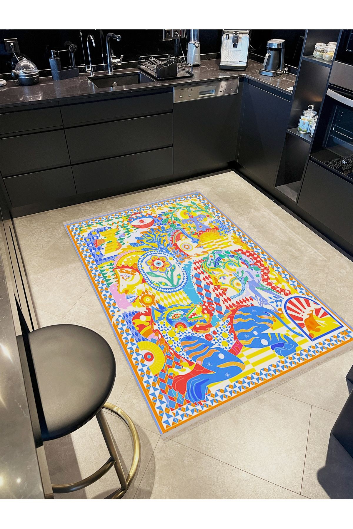 Asena Koleksiyonu Çok Renkli İnsan Çiçek ve Kaplan Figürleri Desenli Modern Dekoratif Halı 34