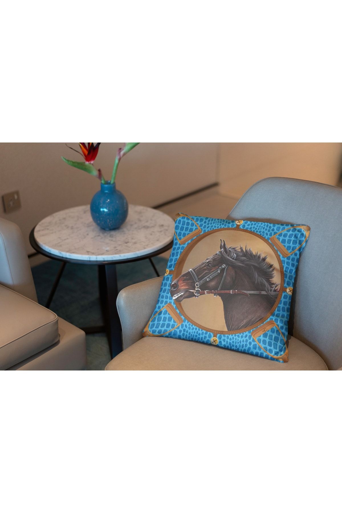 Kırlent Mavi Kahve Rengi At Ve Binicilik Temalı Pillow46