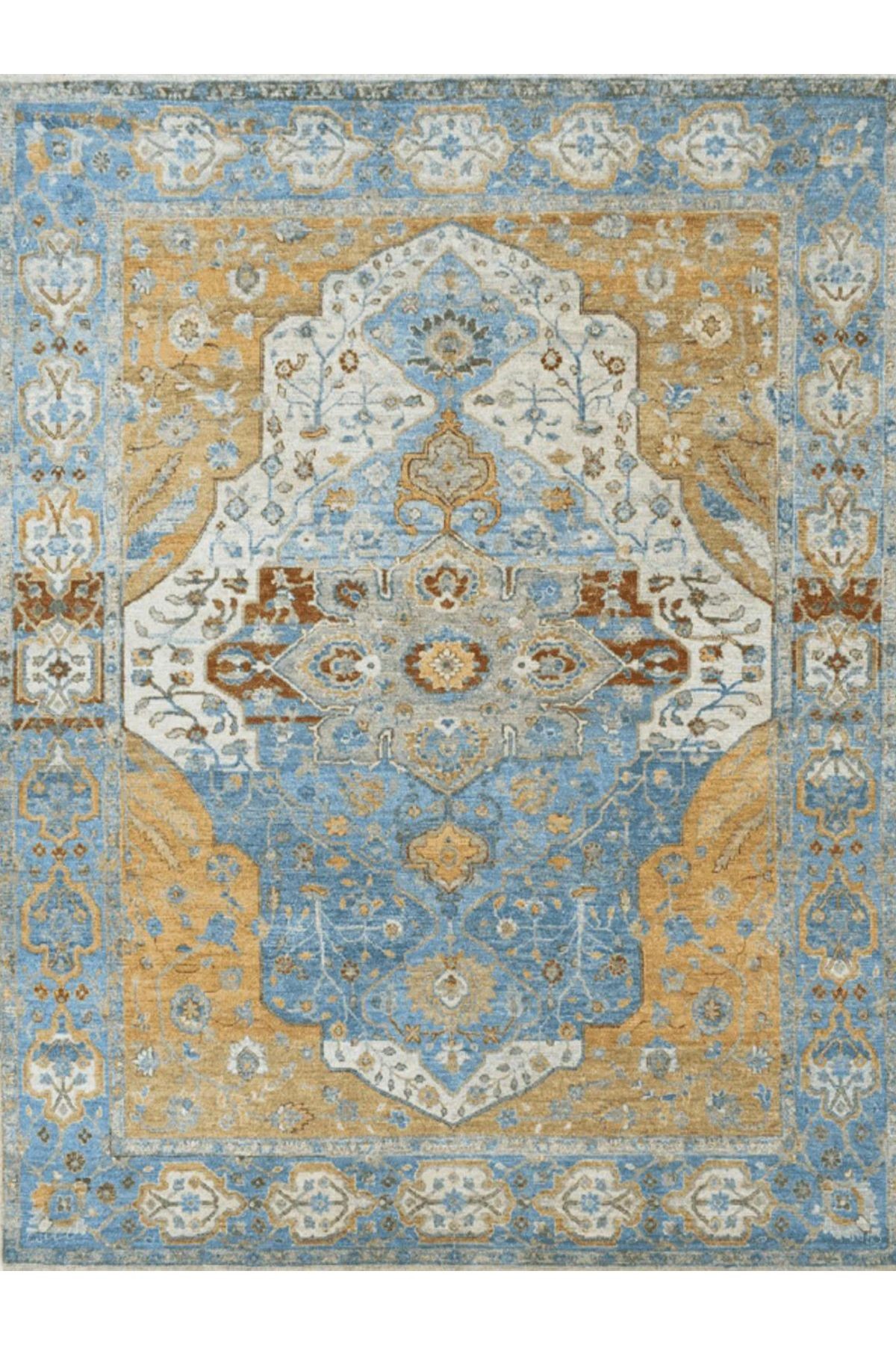 Barcelona Koleksiyonu Bej ve Mavi Temalı Geleneksel Motif Desenli Vintage Dekoratif Halı 41