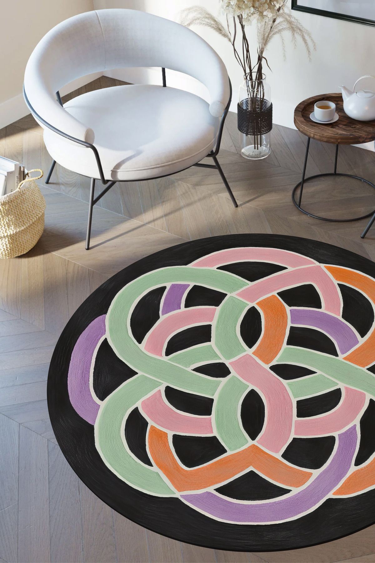 Bliss Pembe Yeşil Geometrik Monogram Modern Dokuma Taban Dekoratif Yuvarlak Halı 935