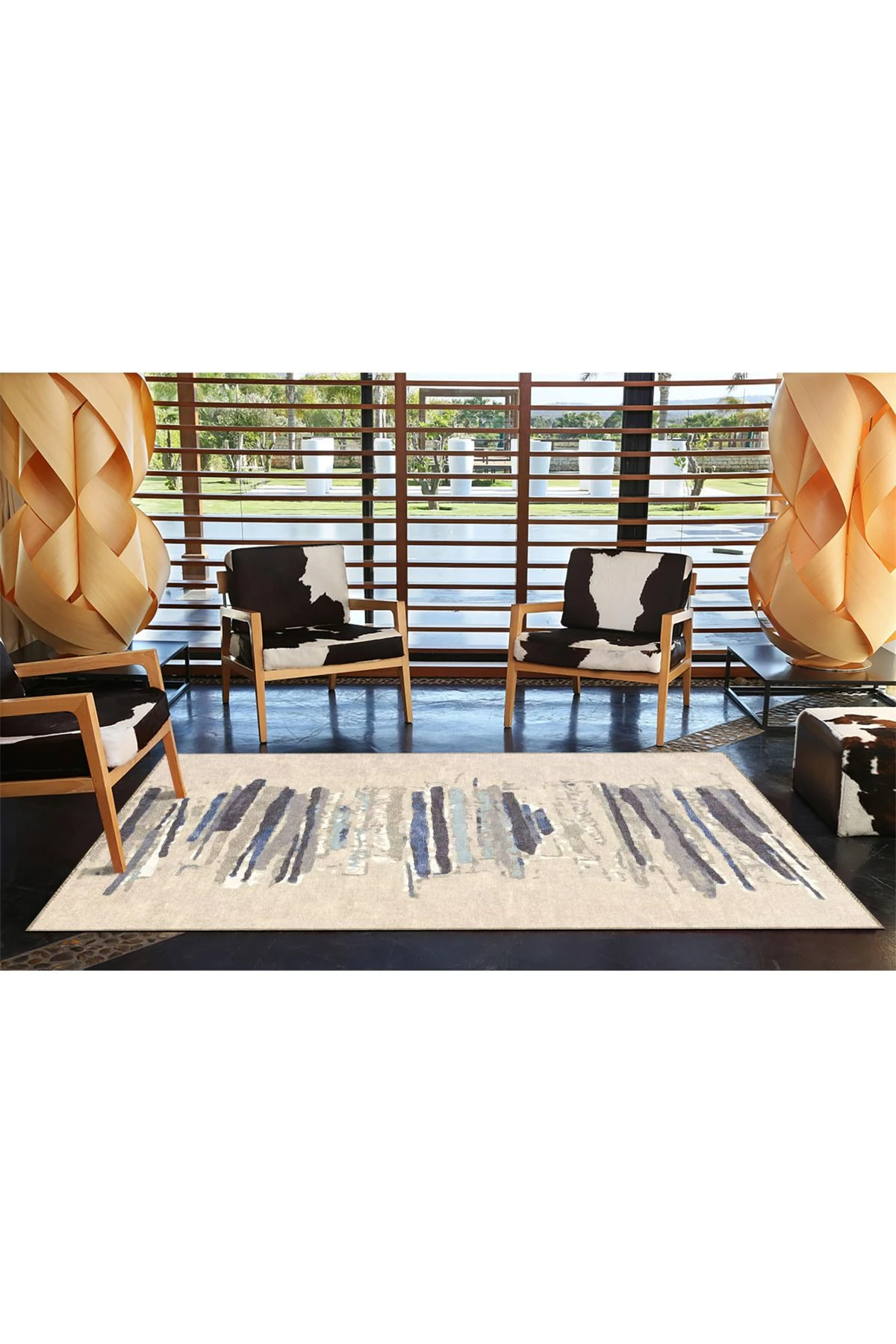 Siyah Krem Çizgili Desenli Dekoratif Halı miravip895