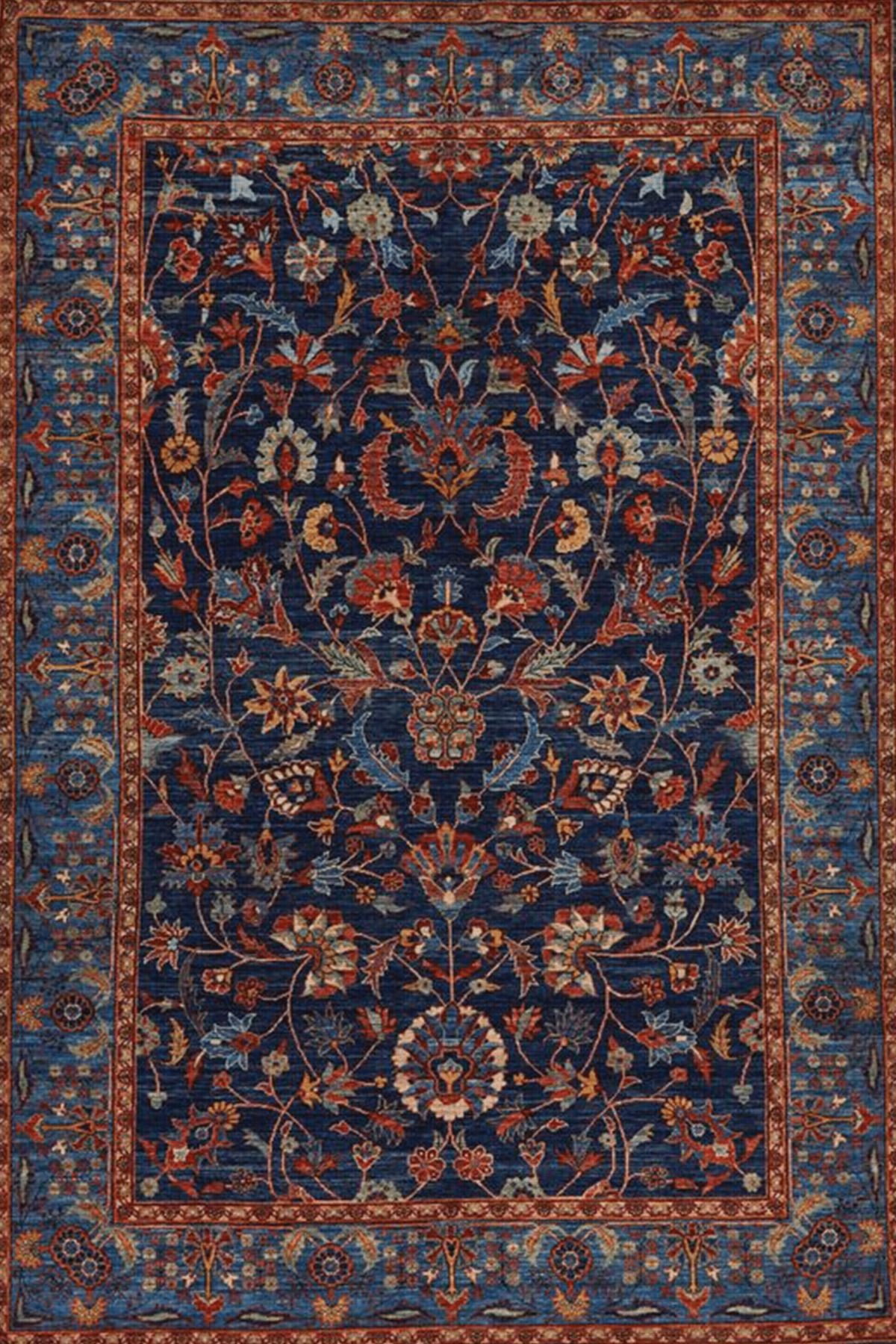 Lacivert Turuncu Temalı Geleneksel Motif Çiçek Desenli Vintage Dekoratif Halı 3817