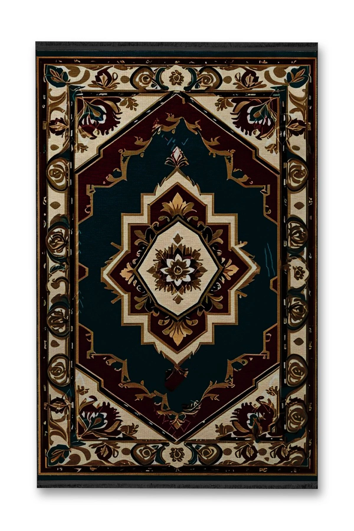 Yeşil Antik Tasarım Serisi Bordo ve Bej Detaylı Desenli Vintage Dekoratif Halı antik27