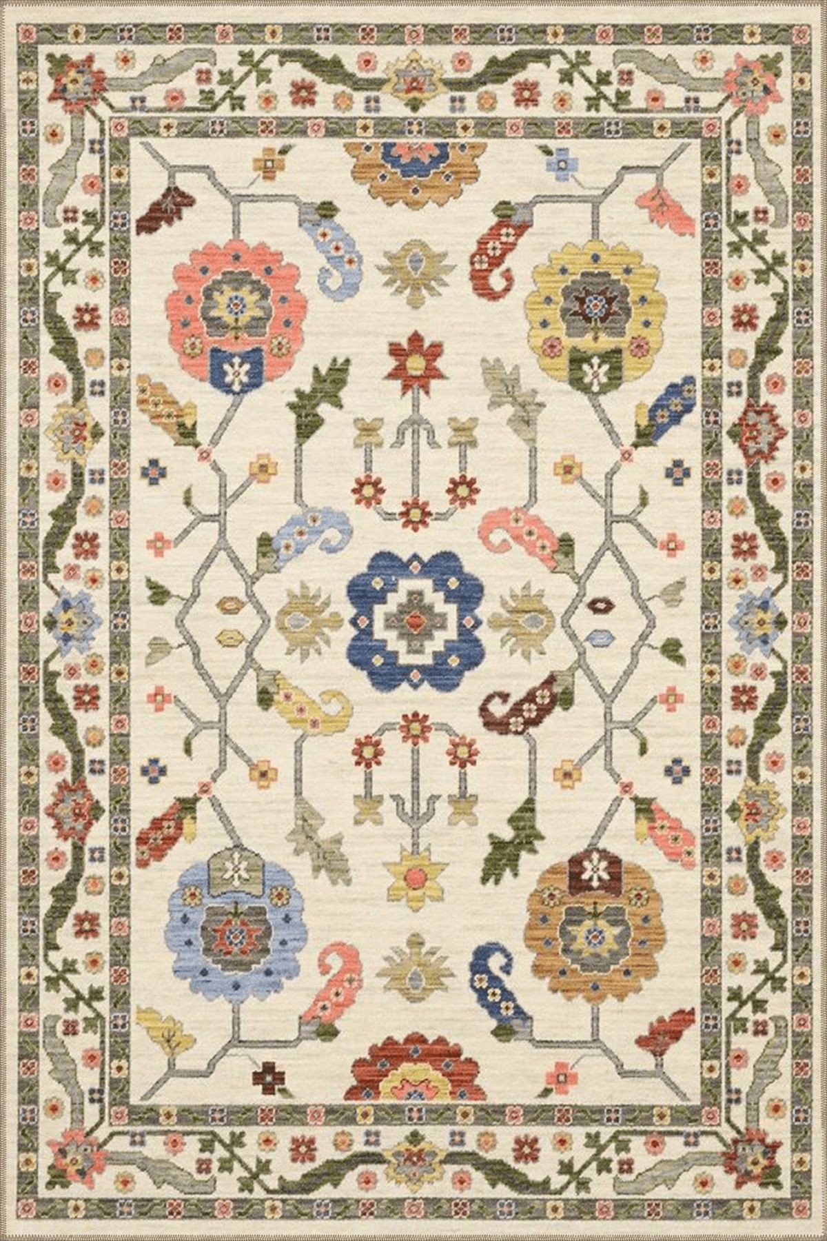 Bej Temalı Çok Renkli Motifli Etnik Çiçek Desenli Vintage Dekoratif Halı 3902