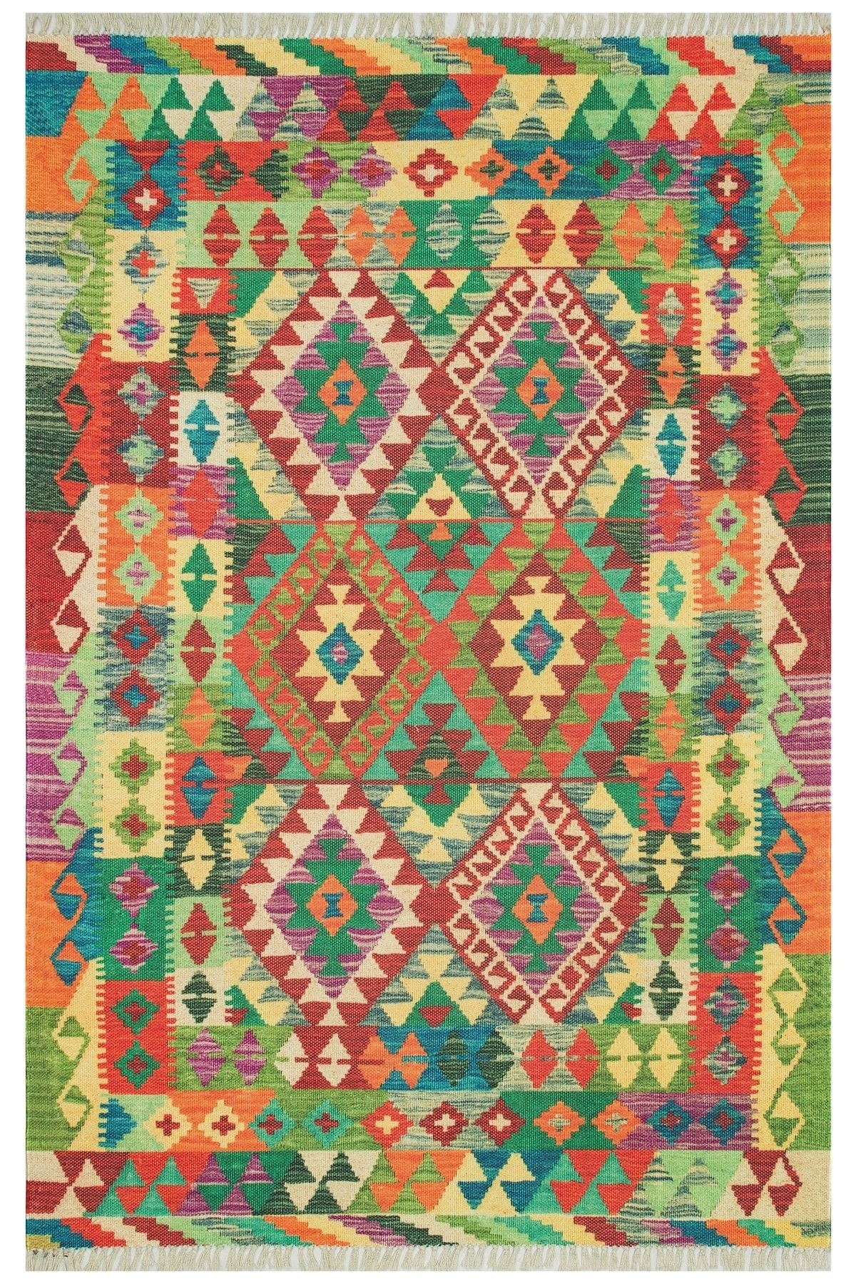 Cotton 527 Çok Renkli Etnik Desen Kilim