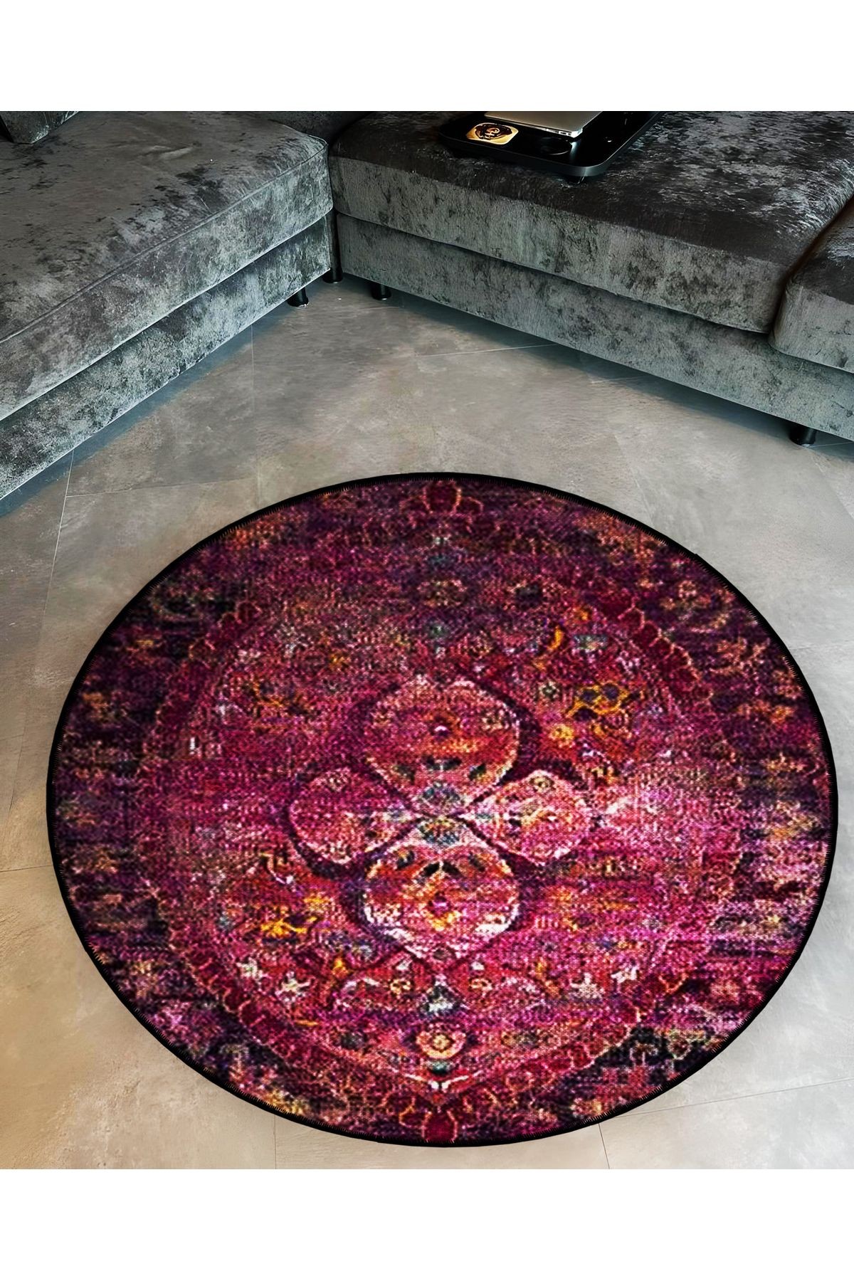 Mor Tonlar Geleneksel Motif Desenli Yuvarlak Dokuma Taban Vintage Dekoratif Halı 6173