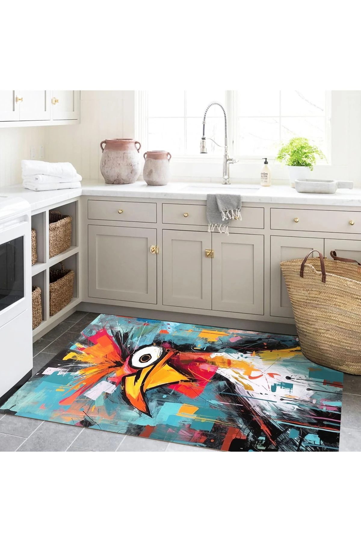 Kemal Koleksiyonu Renkli Karikatür Horoz Desenli Dokuma Taban Kreatif Modern Dekoratif Halı 44