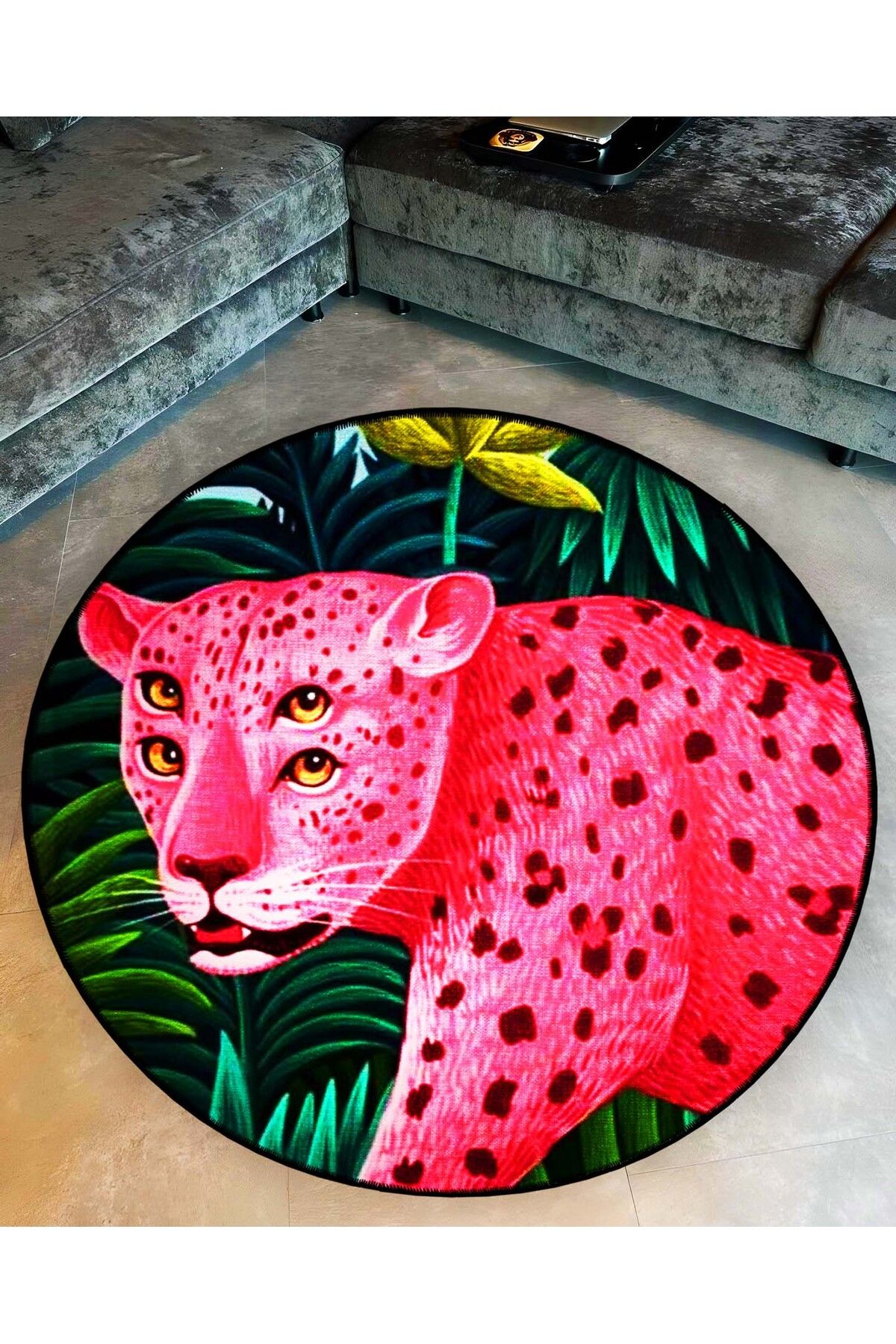 Mira Yuvarlak İki Çift Göz Detaylı Pembe Kaplan Desenli Dokuma Taban Dekoratif Halı mirayuvarlak5830