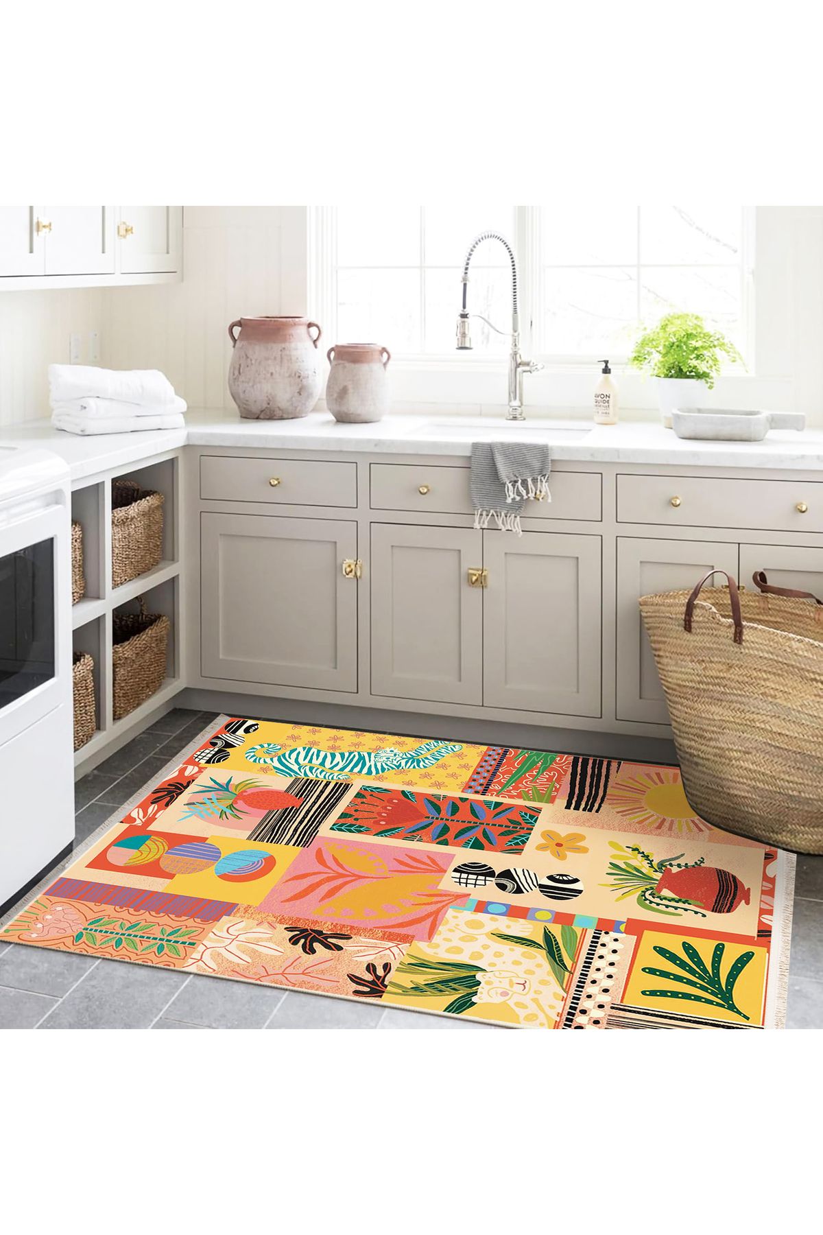 Özge Koleksiyonu Çok Renkli Kaplan Vazo Çiçek Desenli Dokuma Taban Modern Dekoratif Halı özge36