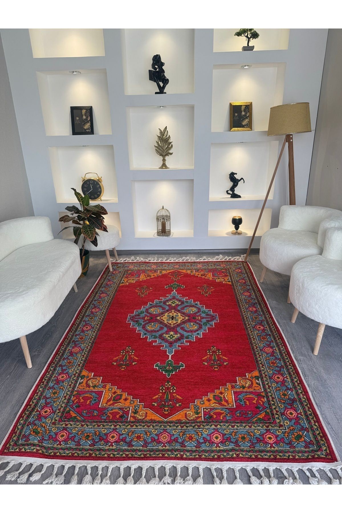 Opal Kırmızı Antik Desenli Püskül Detaylı Dokuma Taban Modern Dekoratif Halı opal09